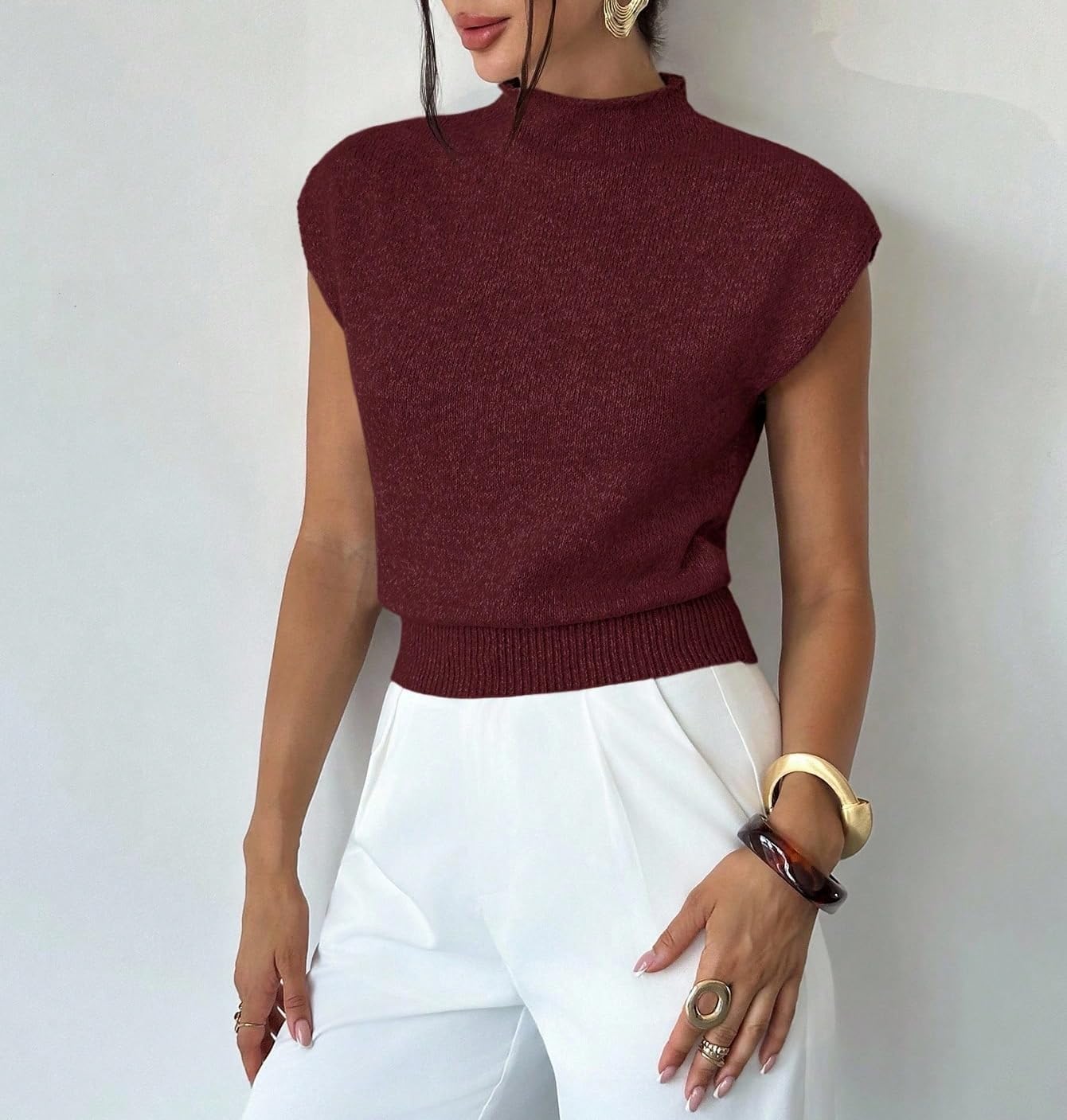ZAFUL Women's Mock Neck Sweater Vest Cap Sleeve Casual Knit Pullover Tank Outfits Tops - Image 2