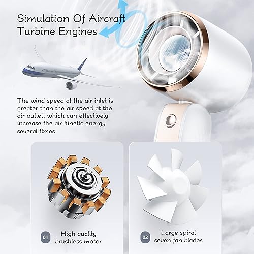 Miniatura 4 de NMM Ventilador de mano, mini ventilador turbo portátil recargable por USB con base, ventilador portátil ajustable de 3 velocidades con batería