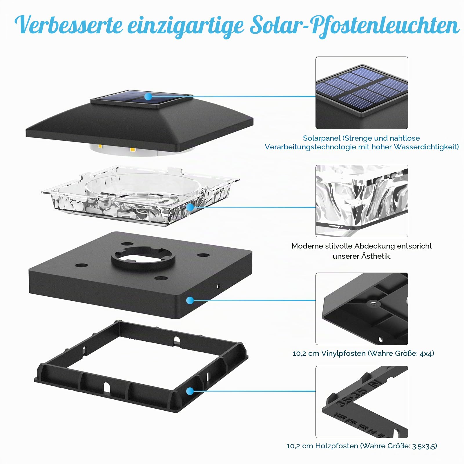 VOLISUN Solar Pfostenleuchten 10x10, Wasserdichte Solar Zaunpfostenleuchten für Außenbereich, Warmweißes Licht, 12 Stück