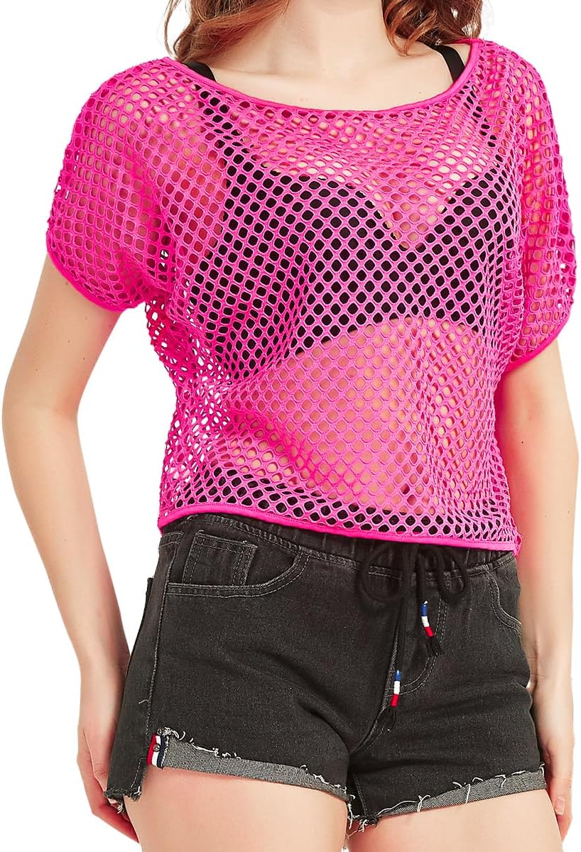 WILDPARTY Women Casual Sexy 80s Costumes Fishnet Neon Off Shoulder Top Mesh Short Sleeves T Shirts Sheer Blouse
