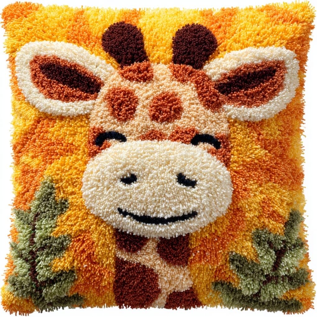 Henypt 43x43cm Latch Hook Pillow Craft Kit,Cute Giraffe Beginner Friendly DIY Crochet Cushion,Perfect for Living Room Sofa & Christmas Gifting