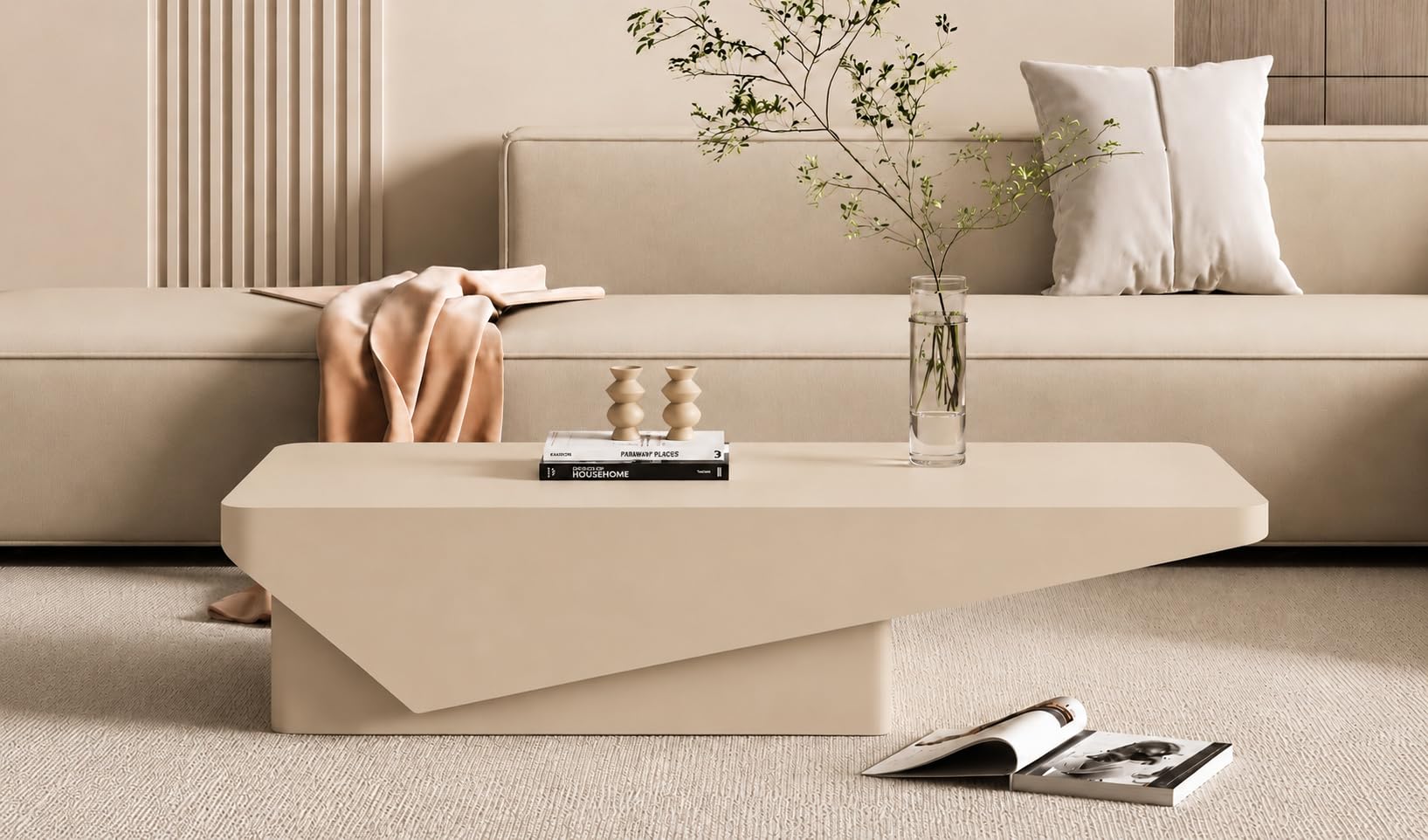 Modern Minimalist Coffee Table for Living Room – Glossy White Top with Sturdy Base, Designer Low Height Center Table, Contemporary Furniture for Home & Office - Cream-image-35