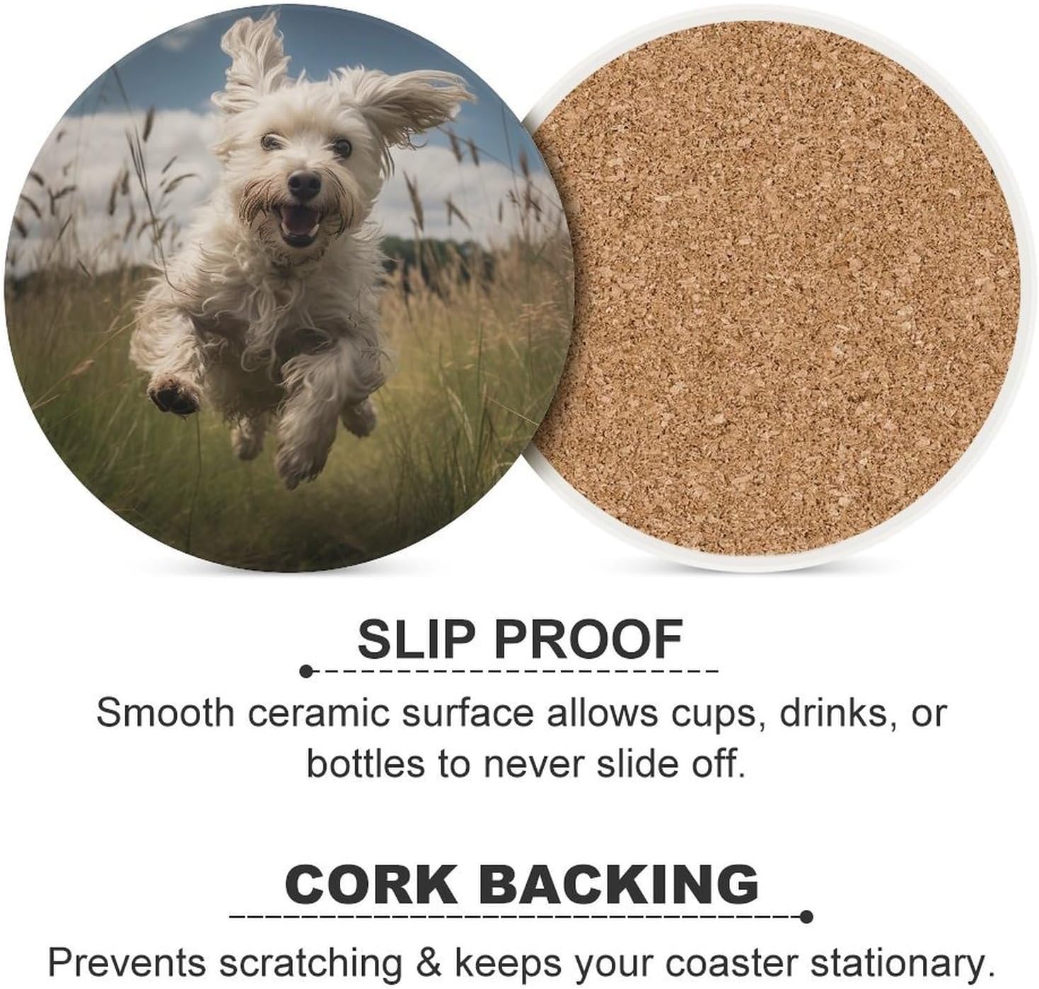 6PCS White Dog in The Field Coasters Non-Slip Round Drink Coasters with Ceramic Stone and Cork Base, Heat Resistant Absorbent 33.00Stone Coaster Set for Kinds of Mugs and Cups, 4 Inch