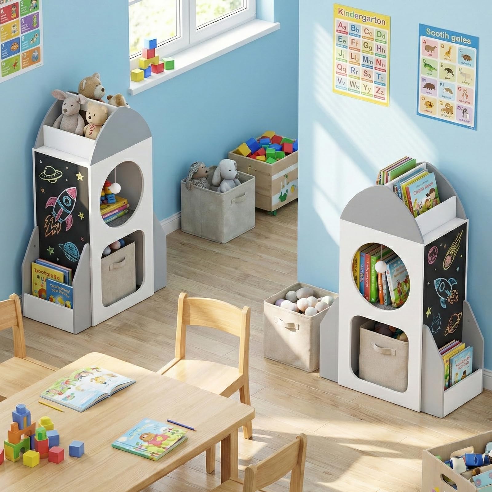 COSTWAY Estantería Infantil de 3 Niveles, Organizador de Juguetes para Niños con Tema Espacial y Pizarra, 2 Compartimentos y Estante Abierto, Estantería de Madera para Aula, Sala de Juego, Guardería