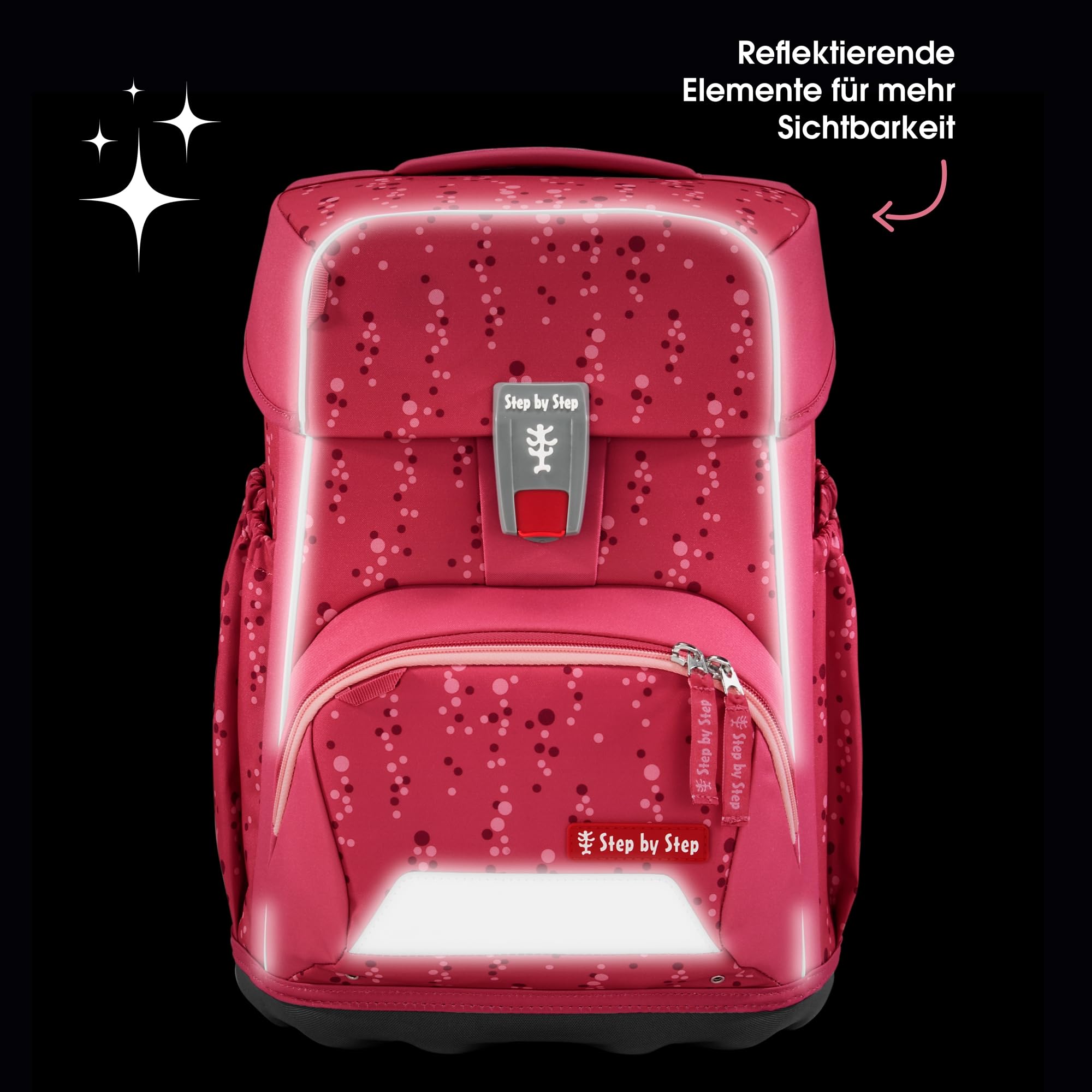 Step by Step Basis Schulranzen-Set „Pink Bubbles“, 4-teilig, rosa, ergonomischer Tornister mit Reflektoren, Hüft- und Brustgurt, für Kinder ab der 1. Klasse, 20 Liter