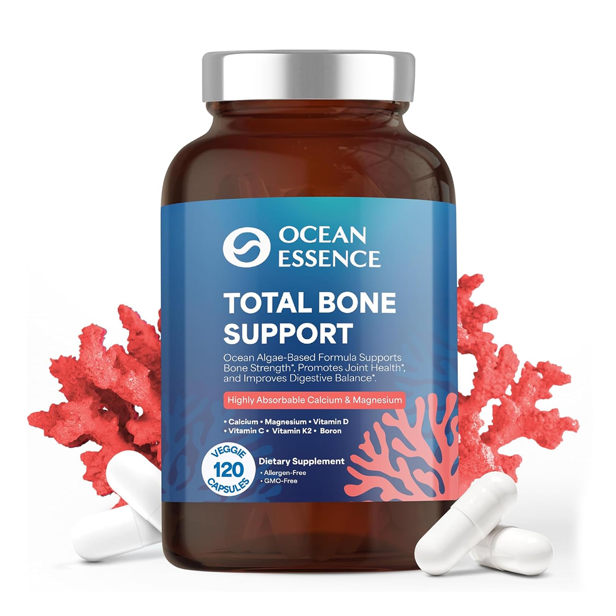 OCEAN ESSENCE Total Bone Support - Plant-Based Algae Calcium Supplement for Supporting Bone Density & Strength - for Men & Women 35+ - 120 Natural Calcium Capsules - Vitamins for Optimal Health