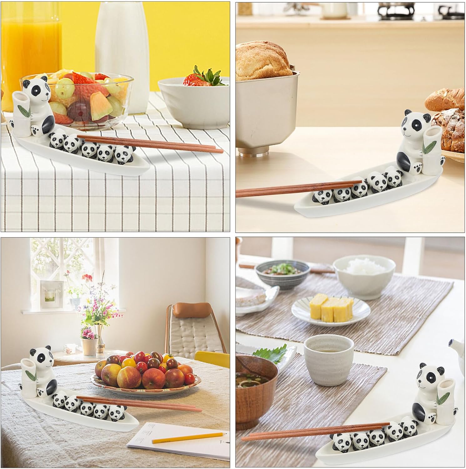 GLEAVI Ceramic Panda Chopsticks Stand Set with 1 Large and 5 Small Holders Kitchen Tableware Dinnerware Accessories Cartoon Chopstick Holder for Home and Restaurant Use
