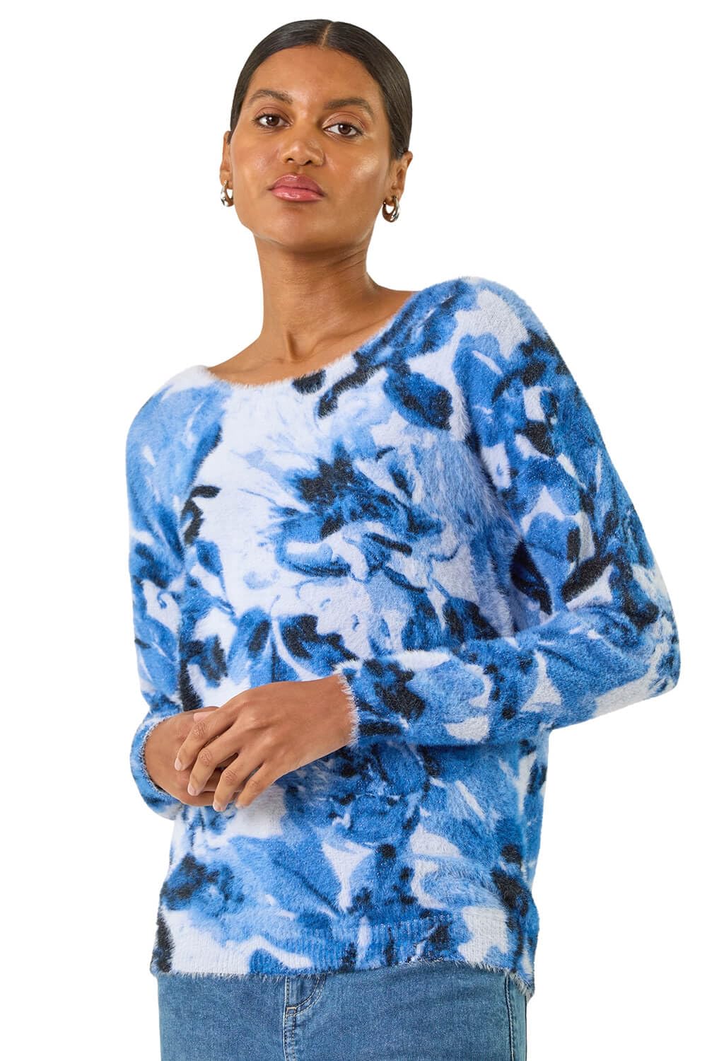 Roman Originals Women's Blue Roman Jumper For Uk - Hotfix Detail Knit Knitwear Knitted Soft Everyday Holiday Spring Summer Round Neckline Comfy Soft Evening Vacation Work Party - Size 20