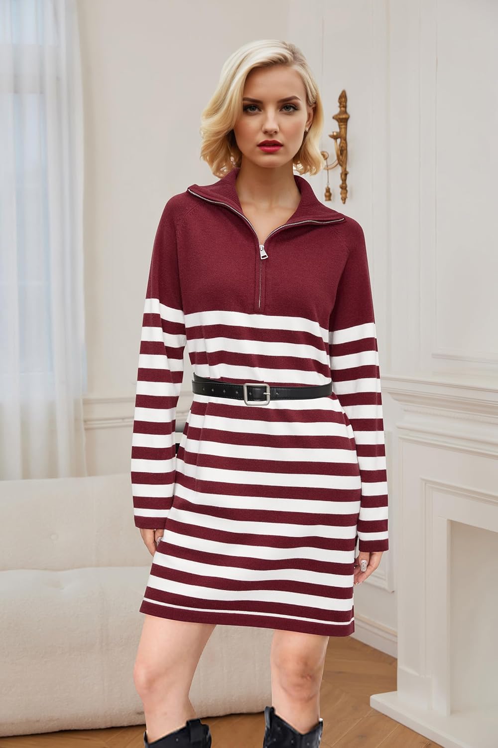 Newshows Women's Winter Sweater Dress 2025 Striped Long Sleeve Lapel Collar Chunky Knit Slouchy Oversized Fall Sweaters - Image 6