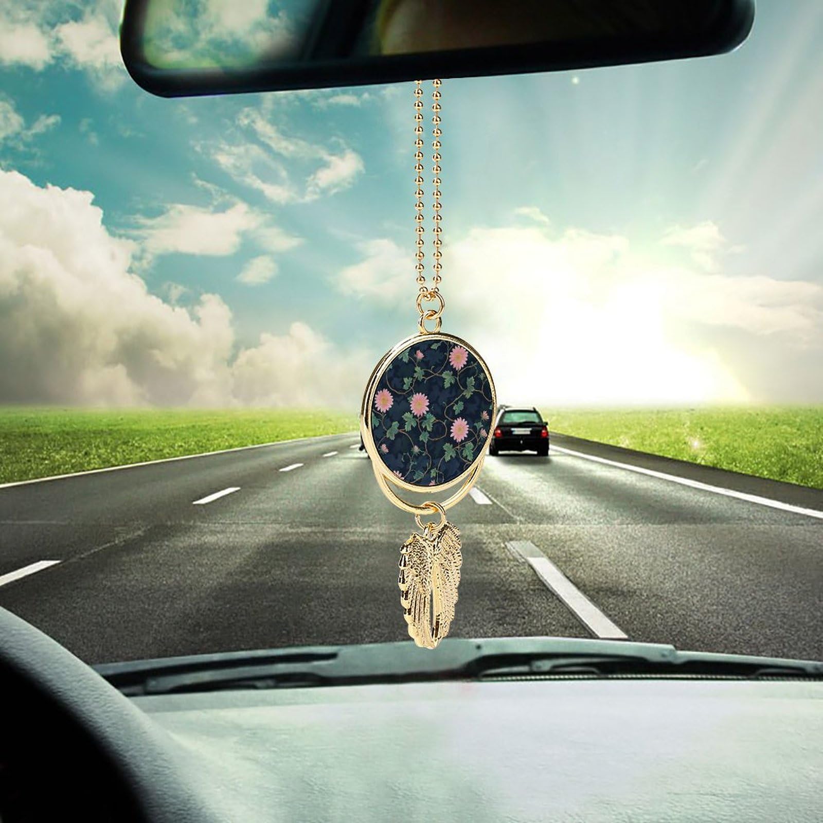 Metal Car Pendant Charms Daisies and Vines Car Rear View Mirror Charms Angel Wing Auto Rearview Mirror Hanging Interior Ornament Pendant Car Accessories for Women Men Car Interior Decor