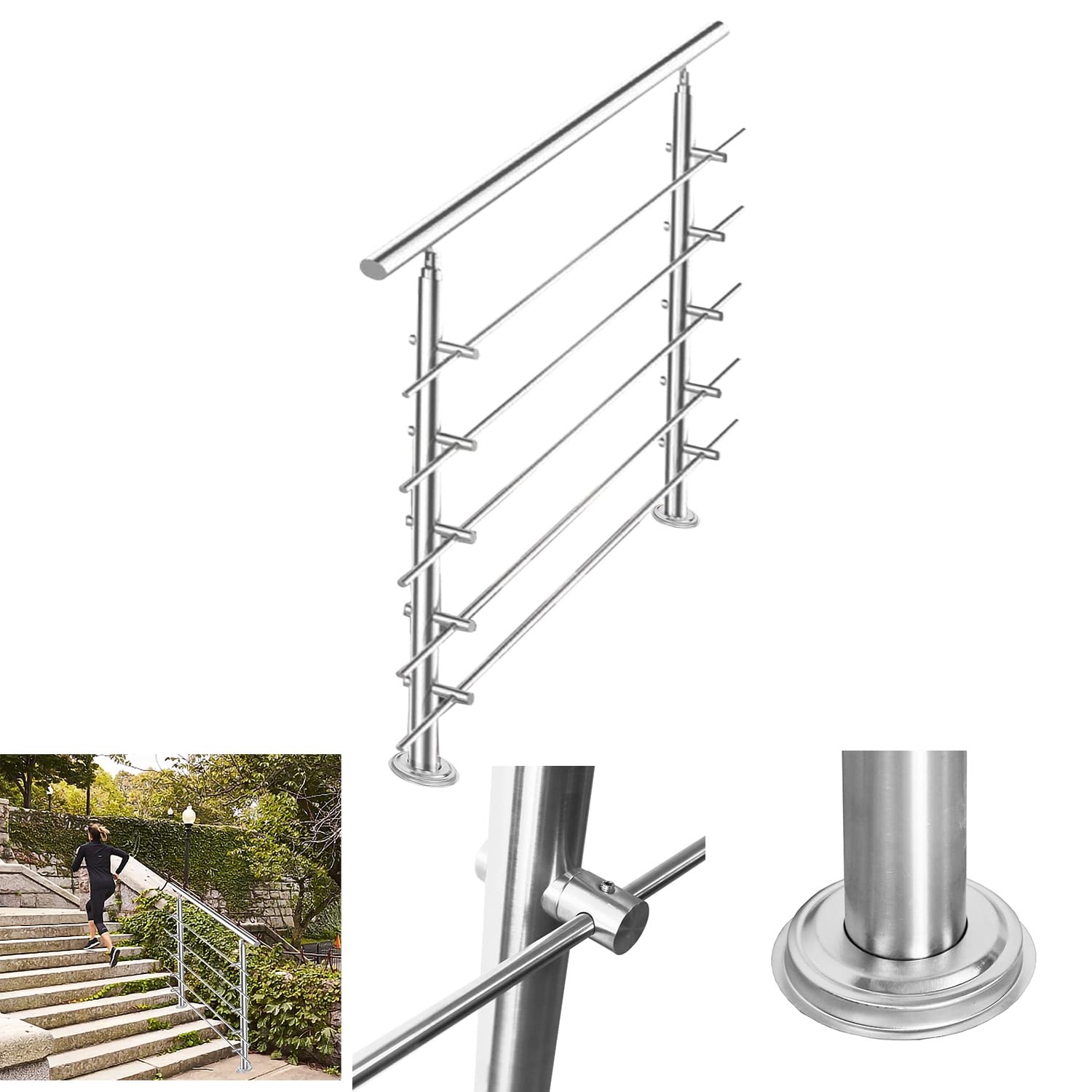 Barandilla de acero inoxidable, pasamanos para escaleras, balcones, 100 cm, con 5 travesaños de 42 mm de diámetro, para interior y exterior