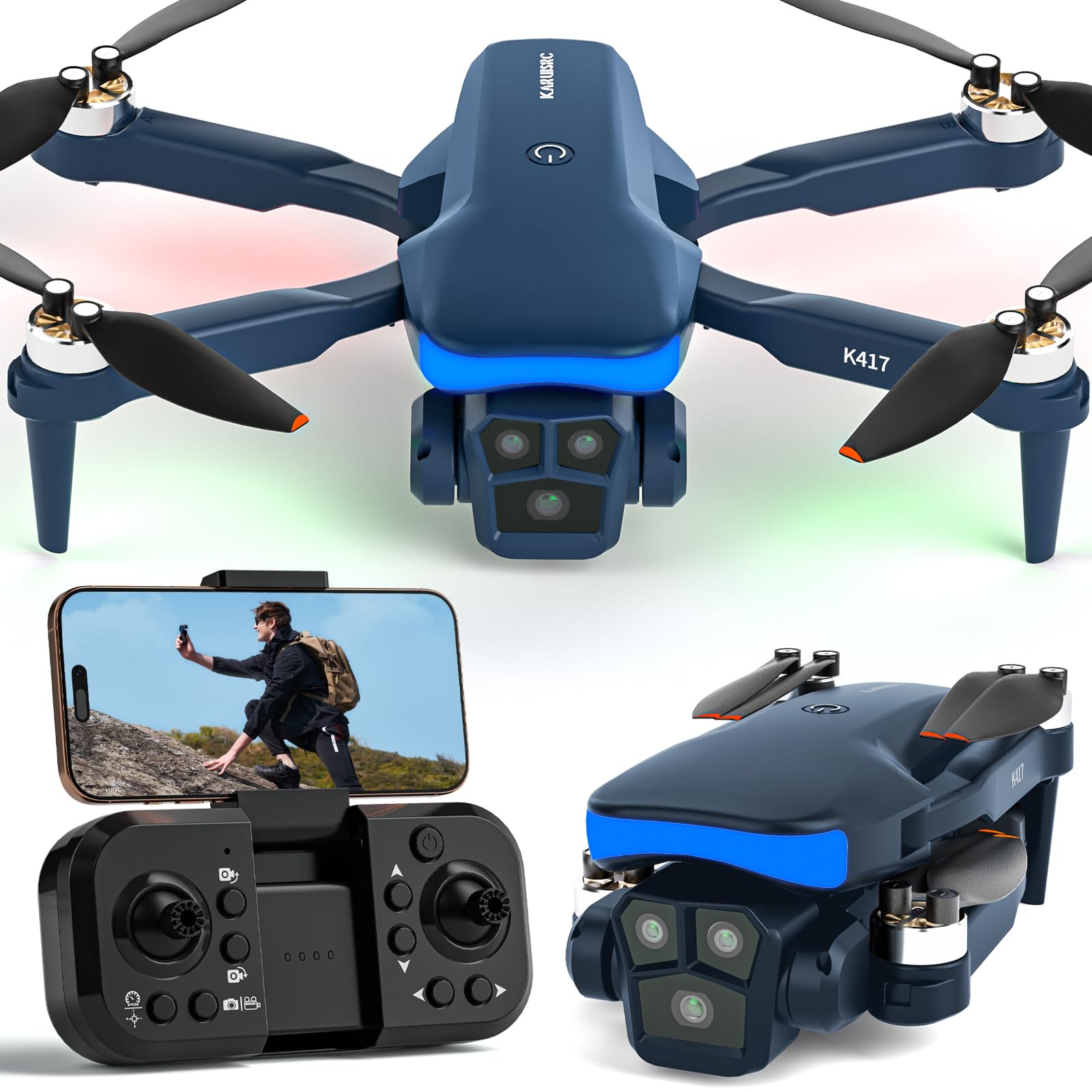 Drone con Telecamera 1080P per blu a LED,Elettrica Regolazione 90°Drone con Video WiFi Live,Pieghevole Quadcopterper per Adulti e Principianti,Mini droni per Bambini e Ragazze e Ragazzi,Sacchetto