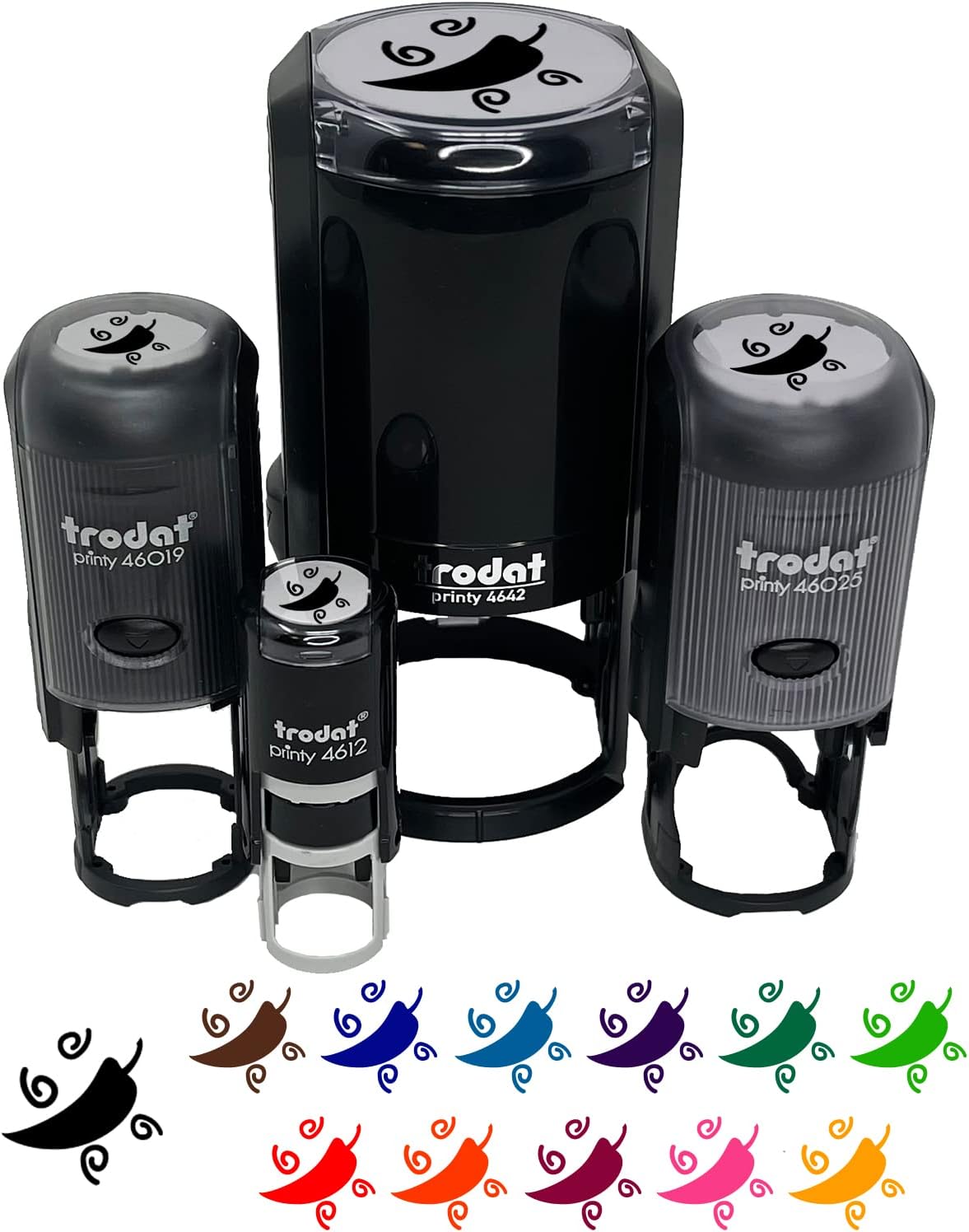 Chili Pepper with Swirls Fiesta Self-Inking Rubber Stamp Ink Stamper for Stamping Crafting Planners - 1-1/2 Inch Large - Black Ink