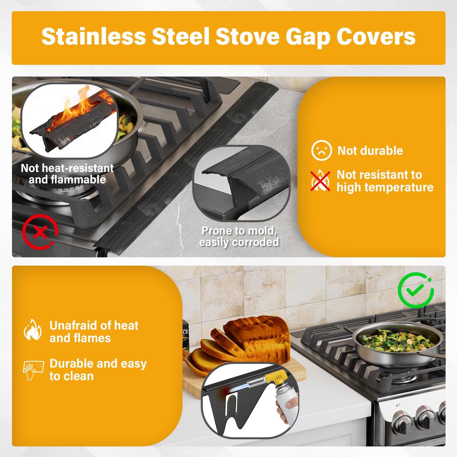 Stove Gap Covers Stainless Steel, Stove Gap Filler Extendable Length 13.8" to 27.5", Width 0.79" Oven Gap Filler, Heat Resistant Guard Between Stove Top & Counter (2 Pack) — view 4