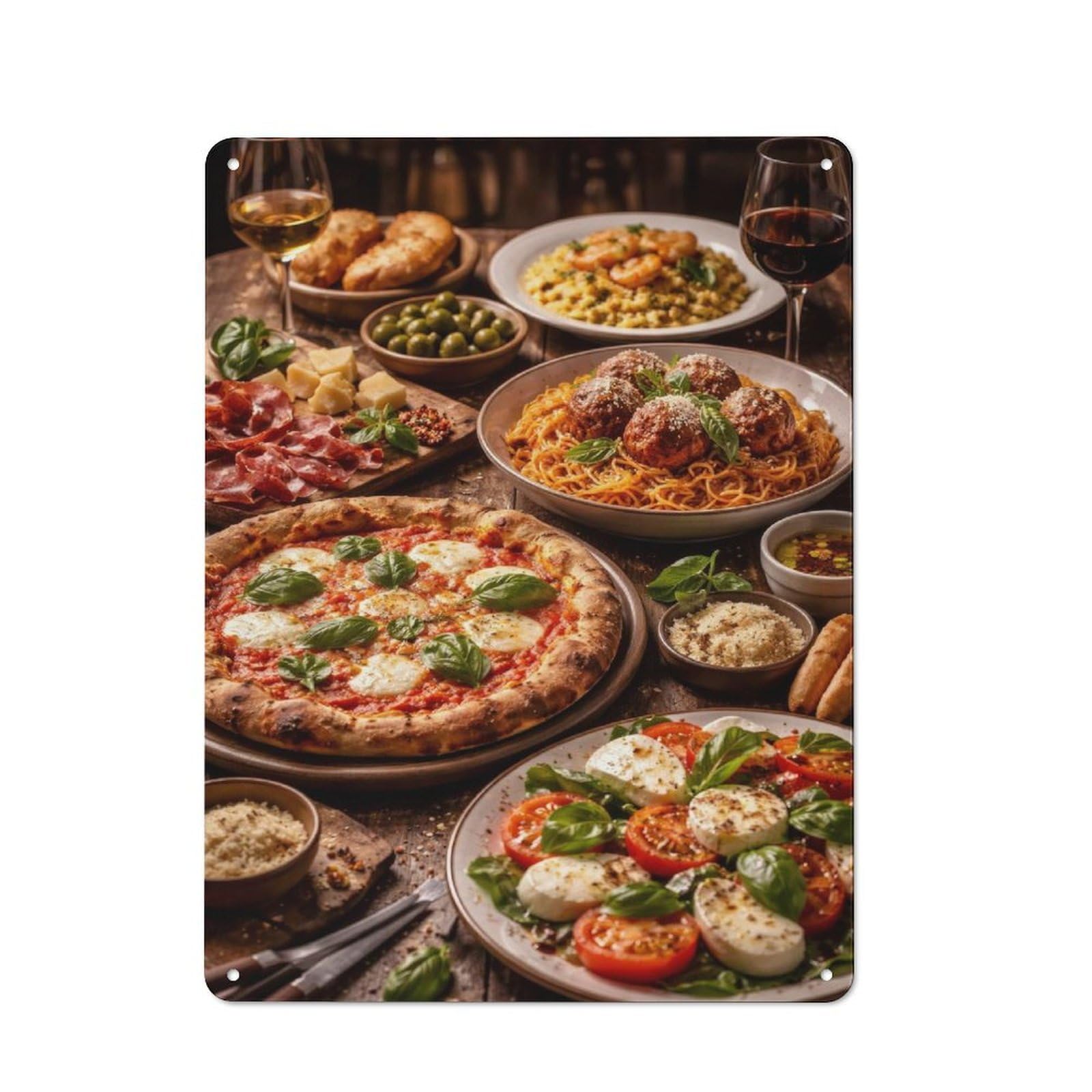 Junmoney Style-16 Rustic Metal Sign 40X30cm Featuring Italian Feast With Pizza And Pasta For Hallway Wall, A Decorative Gift For A Newly Furnished Hallway