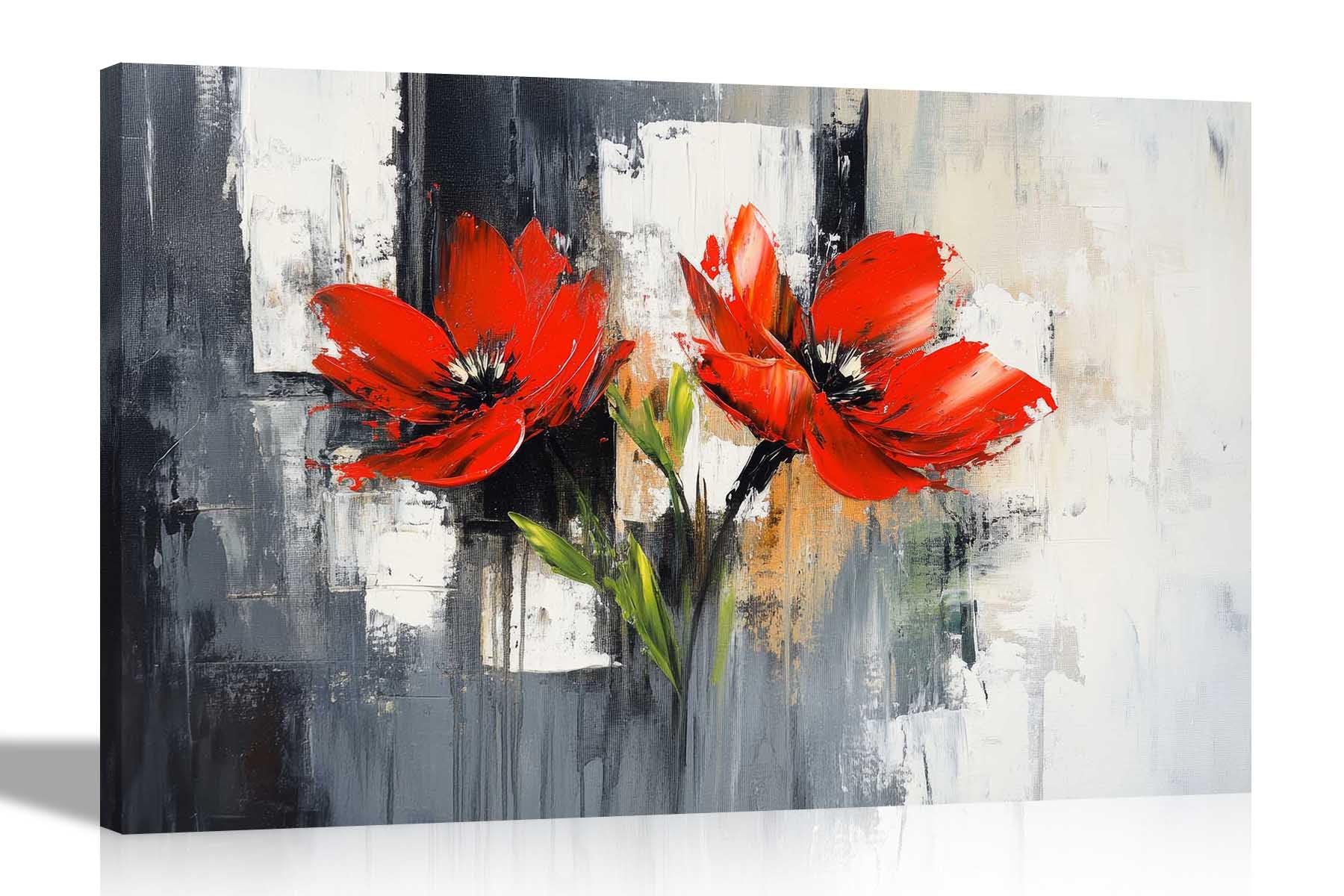 Artley Prints - Abstract Rustic Red Flower Canvas Wall Art Framed Floral Pictures Contemporary Prints Perfect for Flower Lovers 60 x 40cm (24 x 16 inches) A2