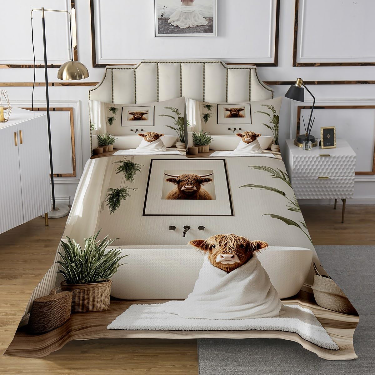 jejeloiu Funny Highland Cow Bedspread 3Pcs King Size Kids Rustic Farm Coverlet Set for Boys Girls Highland Cattle Quilted Coverlet,Microfiber