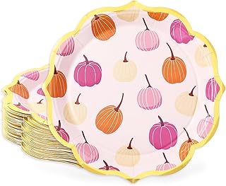 30Pcs Fall Paper Plates Pink Pumpkin Scalloped Dinner Plates Gold Foil R...