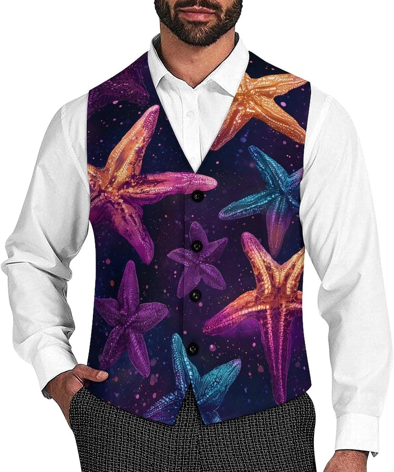 Colorful Starfish Men Formal Suit Vest V-Neck Button Waistcoat for Business Wedding