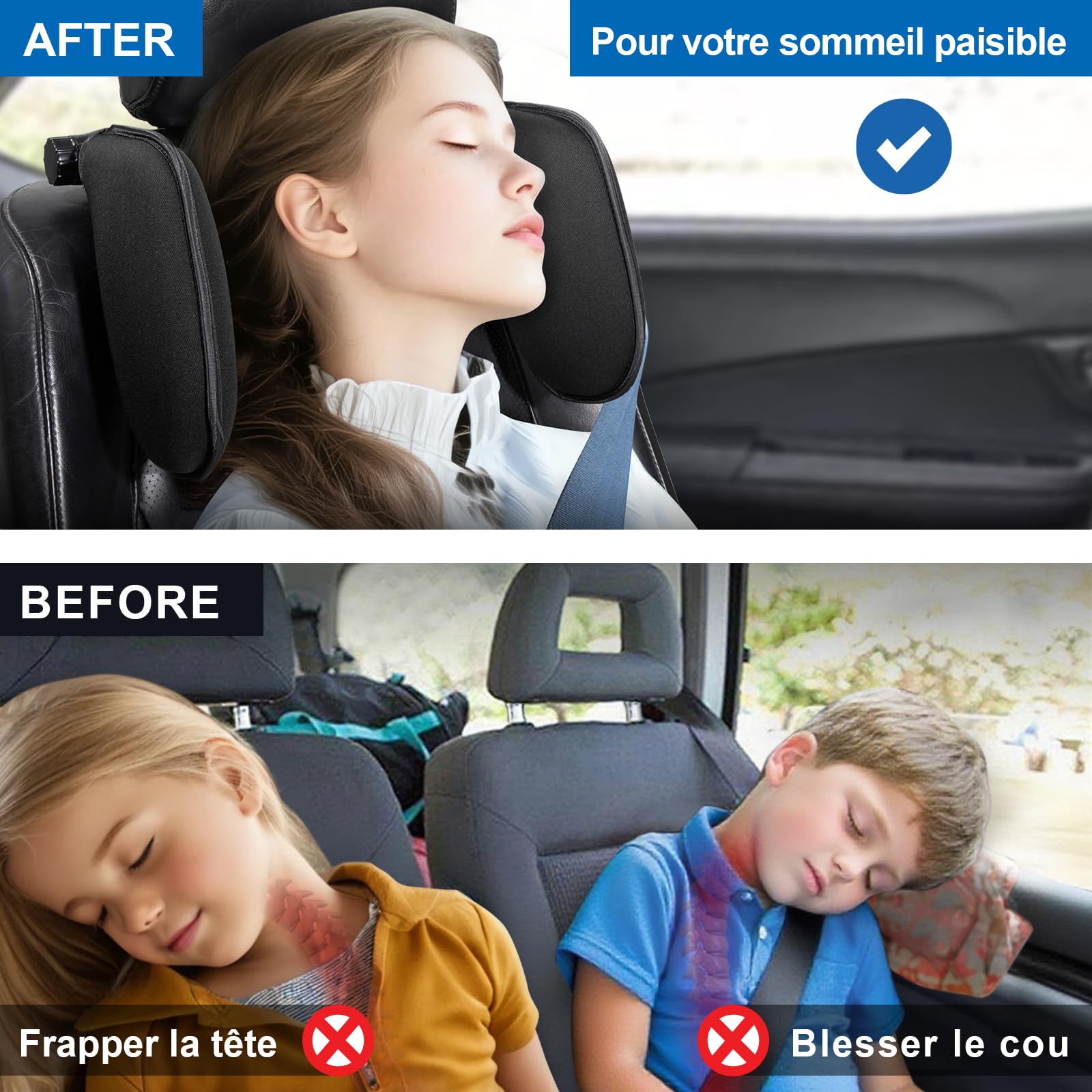 Spurtar 180° Appuie Tete Voiture, Repose Tete Voiture, Cale Tete Enfant Voiture, Coussin Appuie Tete Voiture,(Noir) Enfant Distance des Poteaux 5-18 cm; Peut être associé au Rehausseur Voiture