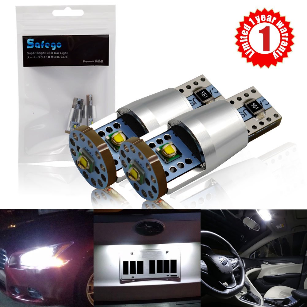 W5W T10 194 168 LED Bulb SAFEGO 6000K 9W 3 CREE Led Wedge Car Light Bulb for Auto Car Interior Light Dashboard Light License Plate Trunk Light Super Bright White 12V,2 Pack-1 Year Warranty
