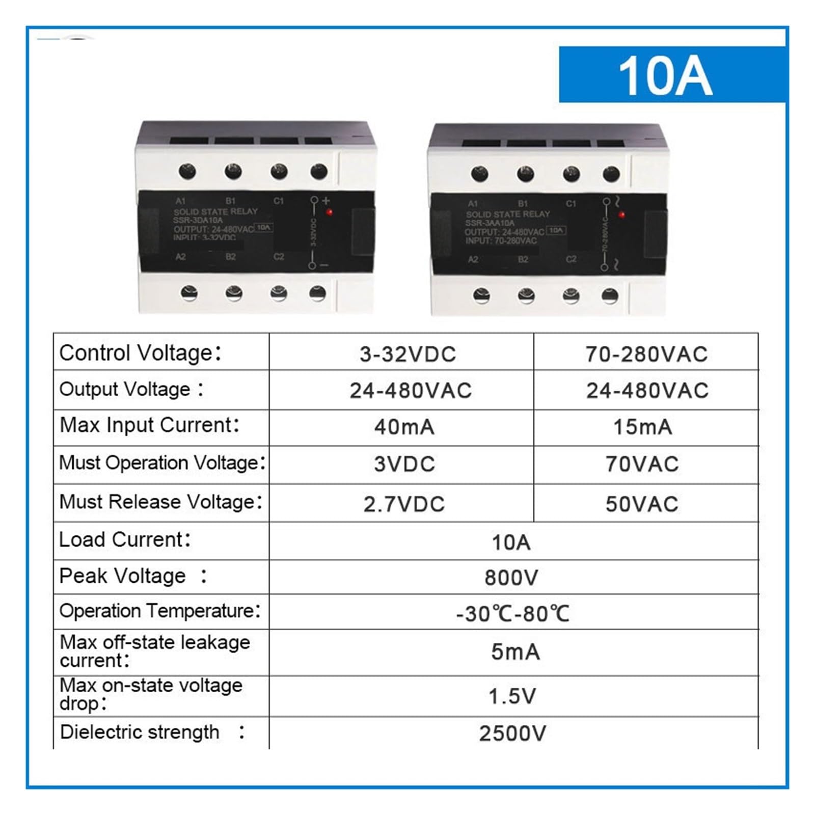 Relé de estado sólido trifásico, SSR-10A 25A 40A 60A 80A 100A 120A Módulo de relé de control trifásico 3-32V CC(AC-AC,10A)