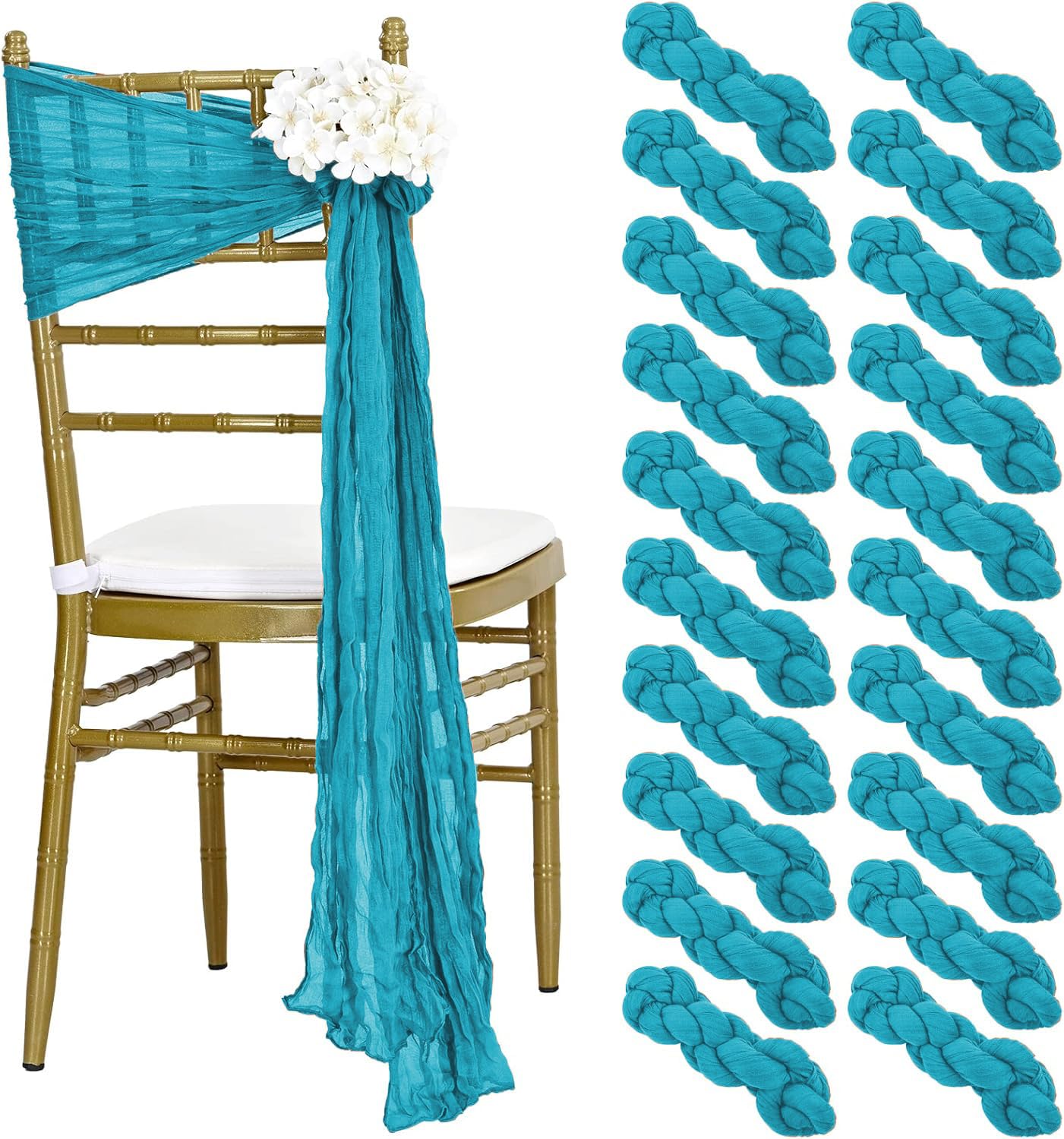 MDS Christmas Cheesecloth Chair Sashes 17x70 Inch - Pack of 10 - Rustic Gauze Chair Bows for New Year Holiday Party, Harvest Dinner, Thanksgiving, Wedding, Banquet Farmhouse Home Décor - Peacock Blue