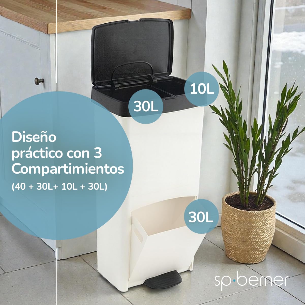 SP Berner - Cubo de Reciclaje de Gran Capacidad 70L - Contenedor Robusto con Tapa Hermética para Interior y Exterior - Fácil de Limpiar e Ideal para Hogar y Oficina - Fabricados en España