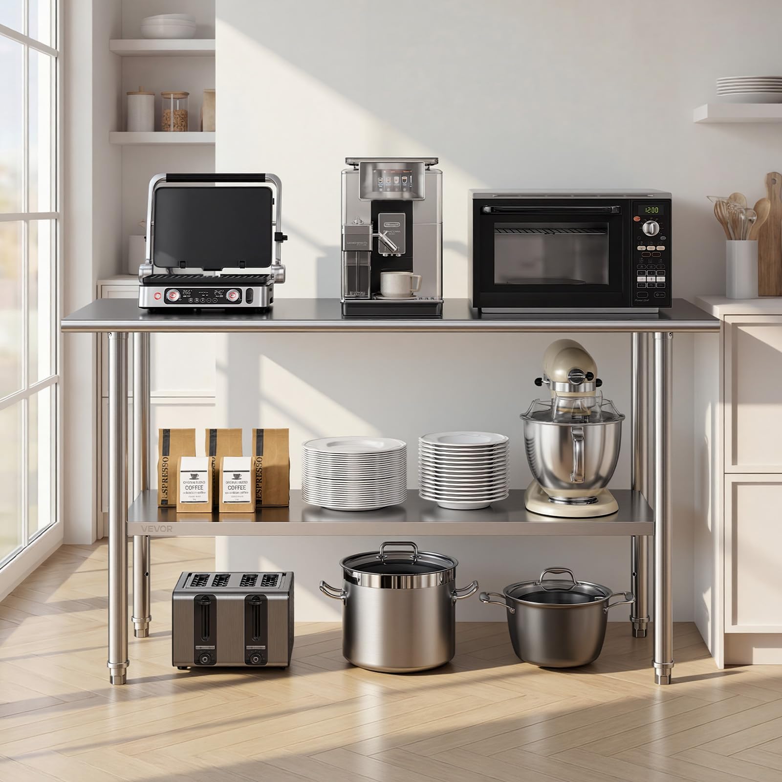 VEVOR Tavolo da Lavoro Commerciale da Cucina 152,4 x 61 cm in Acciaio Inox, Postazione di Lavoro Preparazione di Piatti Cibo, Catering Ristoranti Hotel, Ripiano Inferiore Regolabile, Acciaio Inox