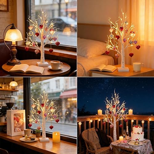 Miniatura 5 de Lámpara romántica de abedul en forma de corazón, árbol de abedul blanco iluminado con 24 luces LED y 18 corazones colgantes, decoración de mesa a