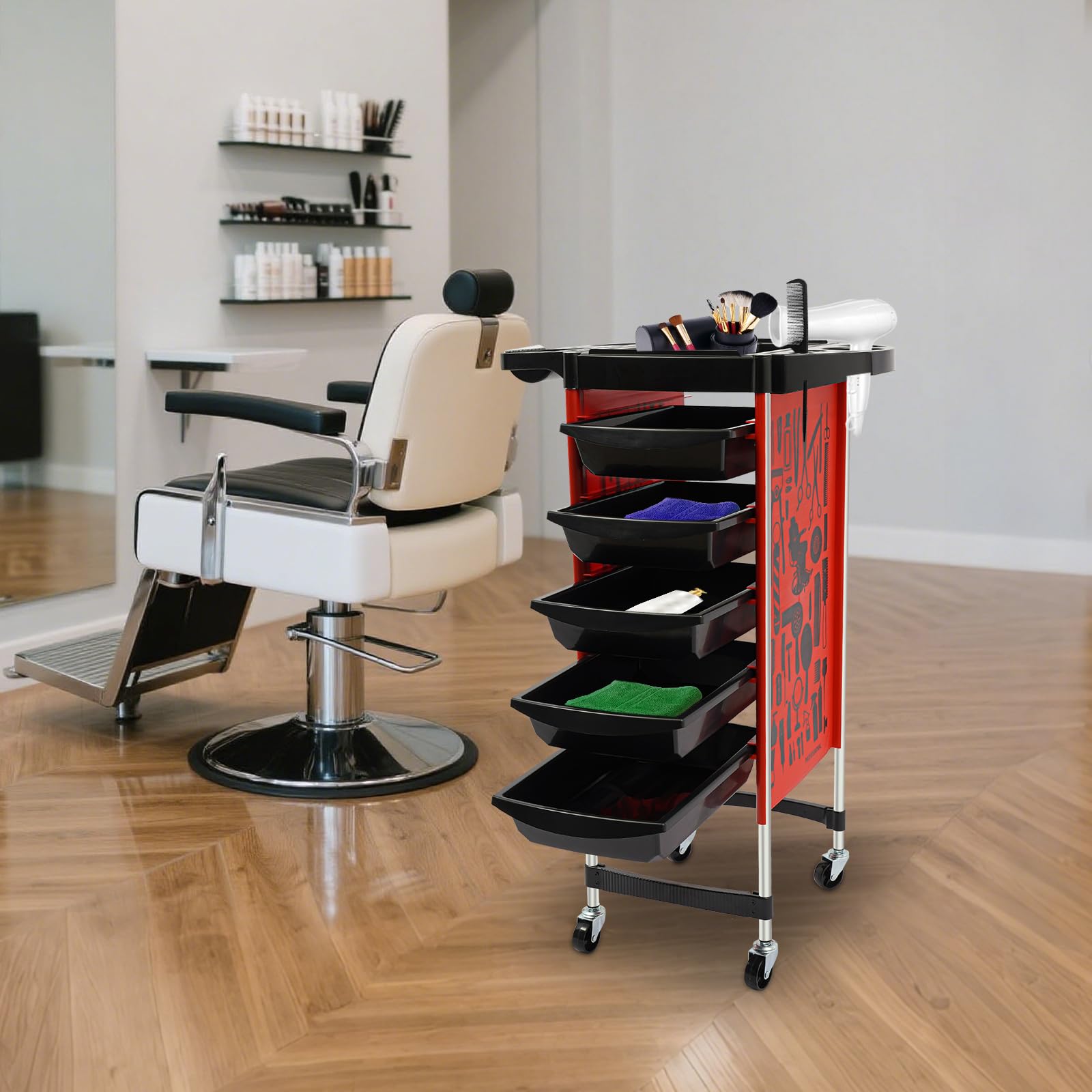 Carrito de peluquería, 6 capas con ruedas, soporte para secador de pelo, 5 cajones, carrito de trabajo para salones de peluquería, almacenamiento de belleza, herramientas de peluquería