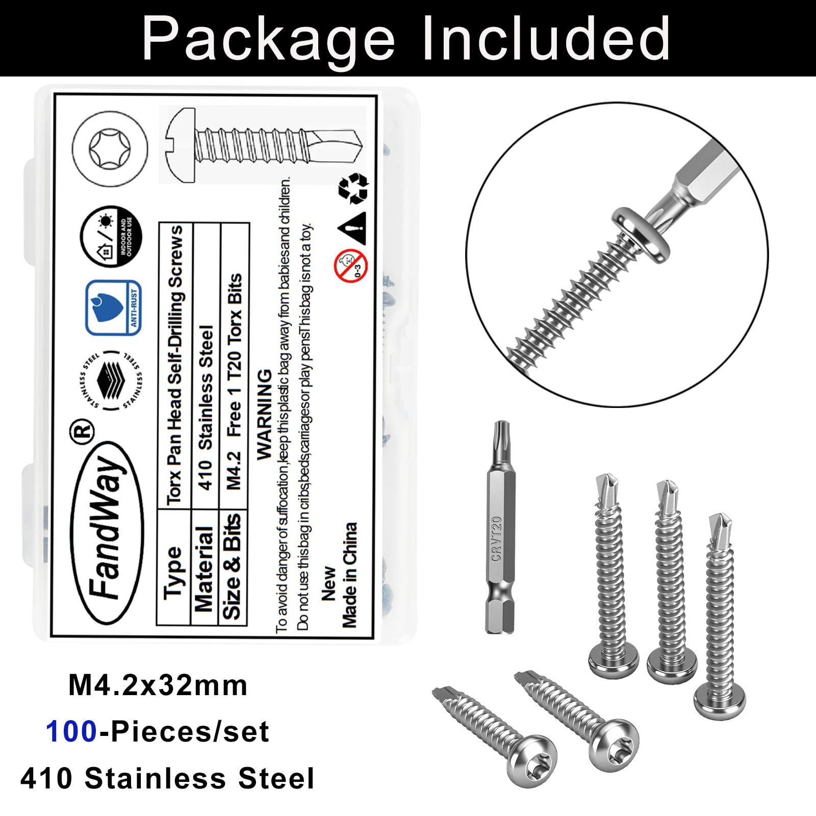 FandWay 100 Pcs Torx Self Tapping Screws Metal,M4.2x32mm Torx Self Drilling Screws,Pan Head Sheet Metal Tek Screw 410 Stainless Steel Black Coating With 1 T20 Bits For Metalwork Roofing Windows - Image 2