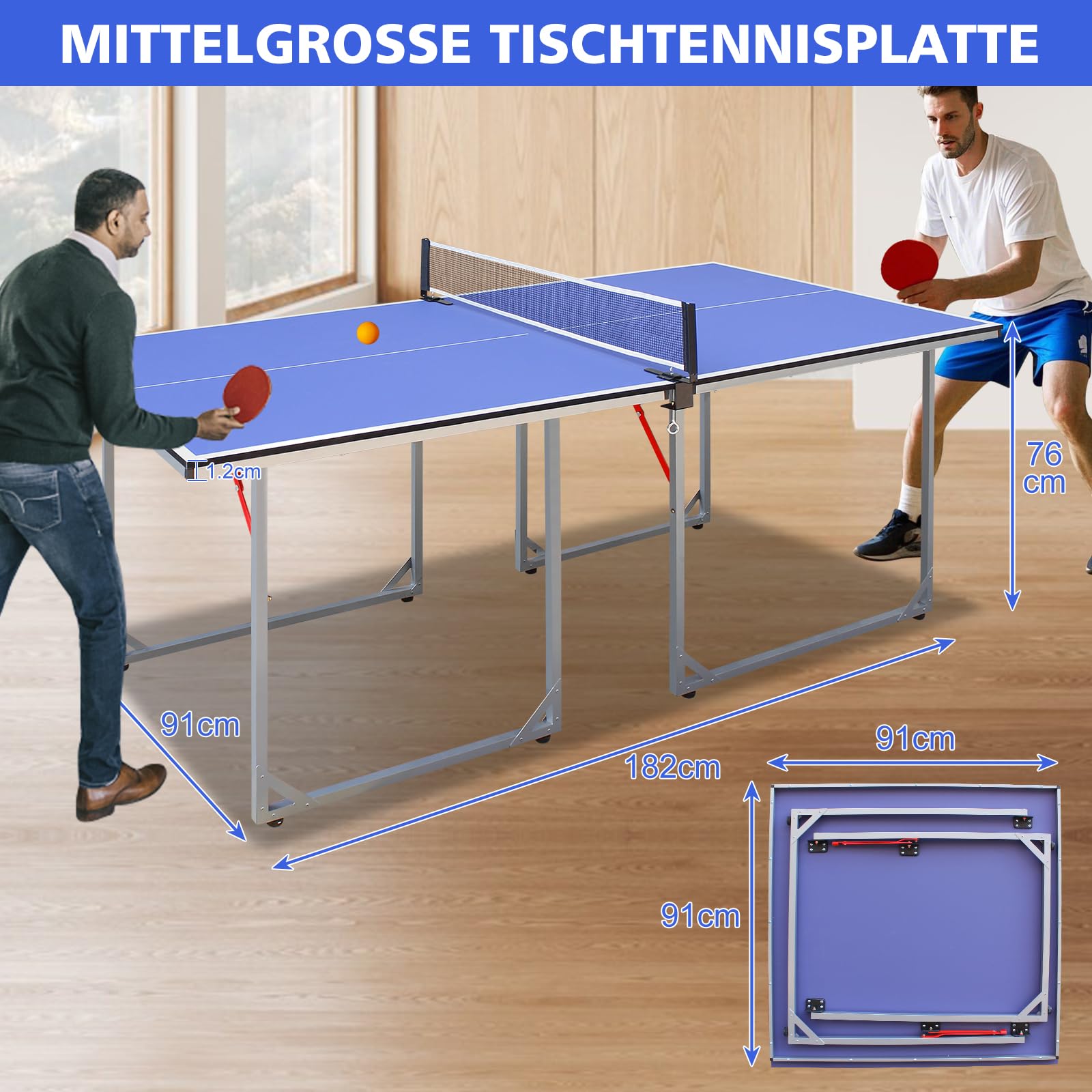 Table de ping-pong pliable, 182 cm x 91 cm, taille moyenne, set de table multifonction, avec filet, 2 raquettes de tennis de table et 3 balles