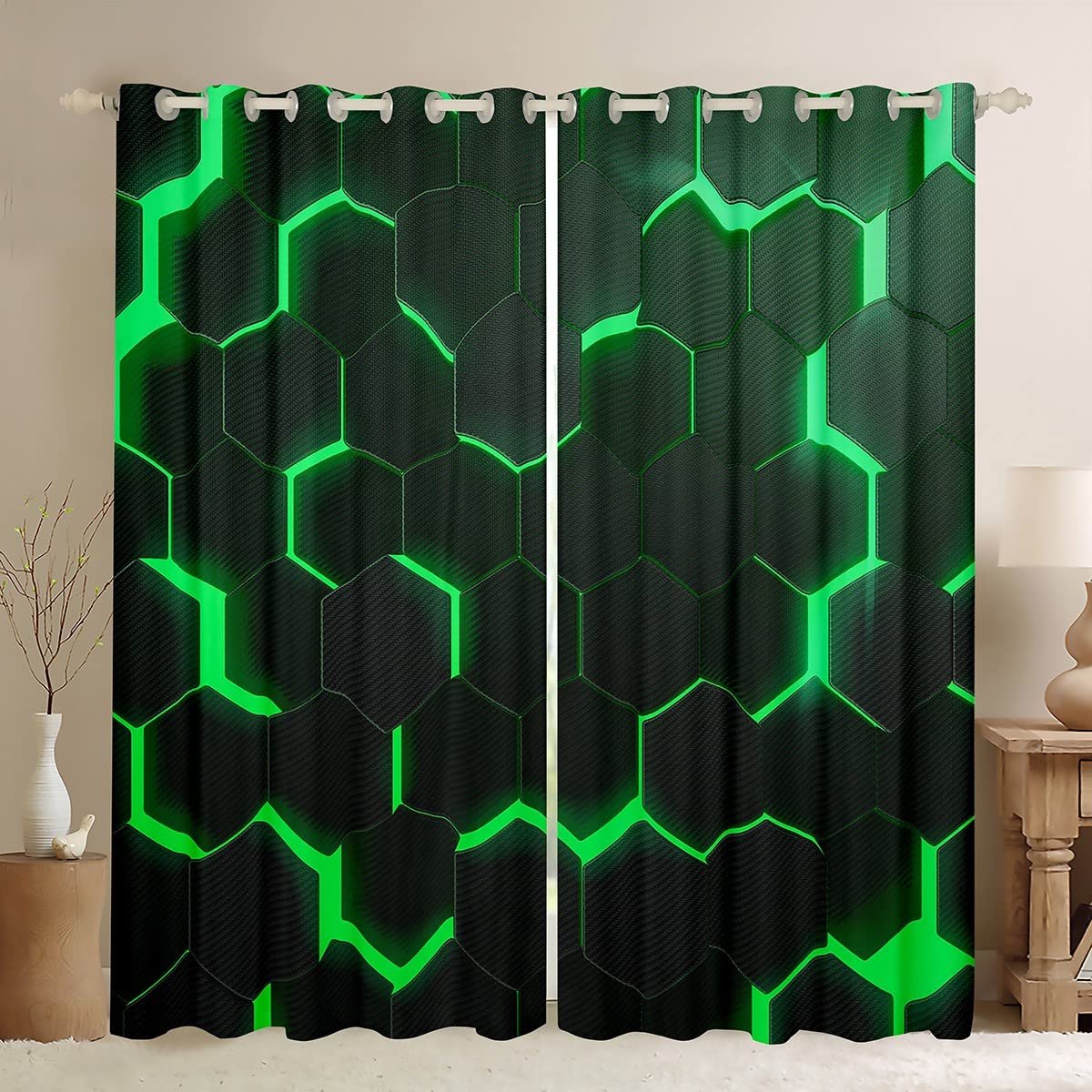 Honeycomb Curtains for Bedroom Green Hexagonal Window Treatment Abstract Beehive Window Drapes Ultra Soft Decor Window Draperies for Kids Boys Girls Adults W46*L72