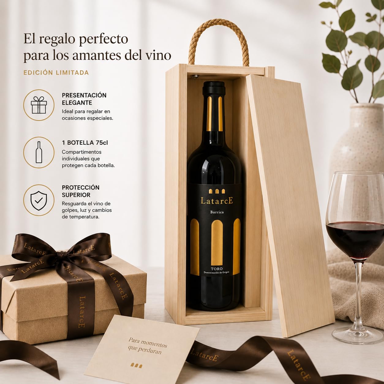 Latarce | Vino Tinto Barrica D.O. Toro 100% Tinta de Toro | 9 Meses Roble Francés y Americano | Botella 75cl Caja de Madera | Ideal para Regalo