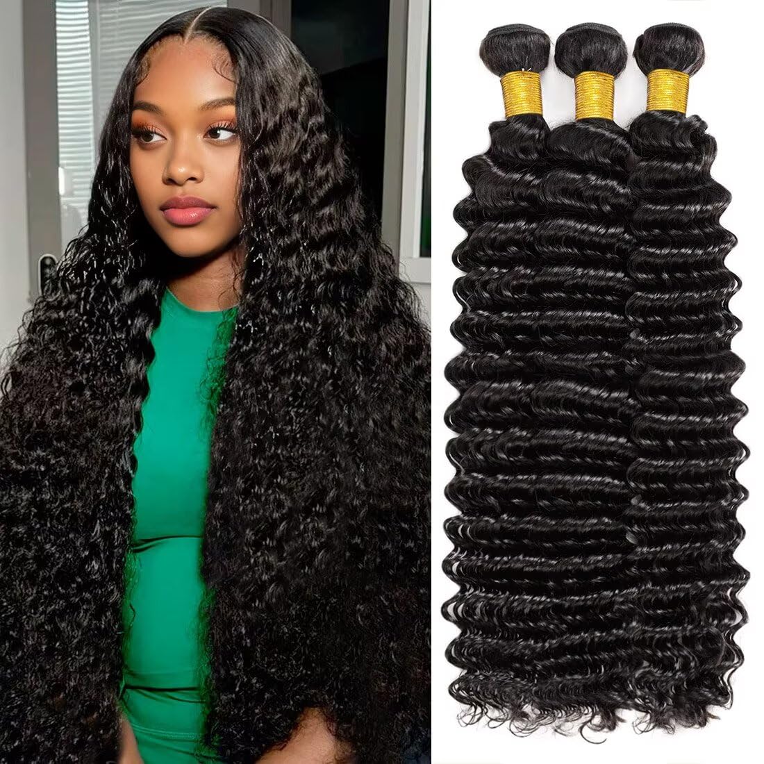12A Deep Wave Human Hair Bundles 18 20 22 Inch Curly Bundles Human Hair 100% Unprocessed 3 Bundles Brazilian Virgin Human Hair Extensions Quick Weave Natural Black Color