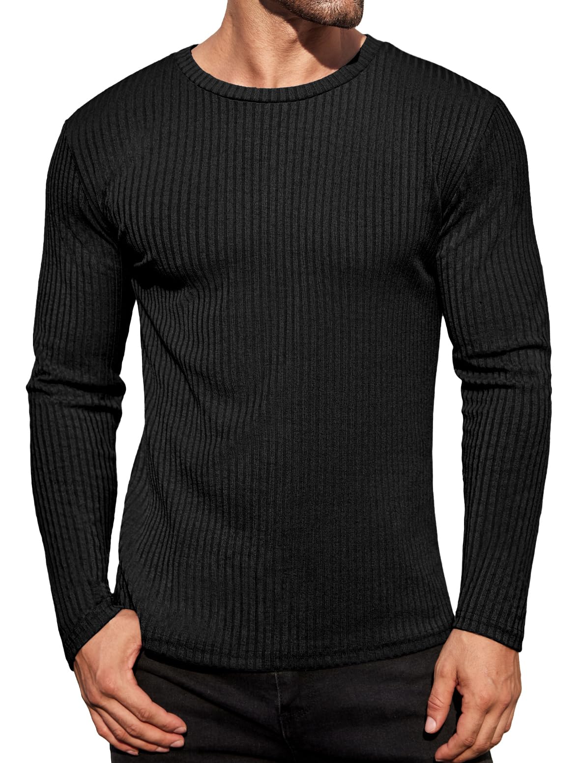 Men's Long Sleeve Shirts Ribbed Pullover Tees Sim Fit Thermal Tops Crew Neck Stretchy Undershirts S-3XL