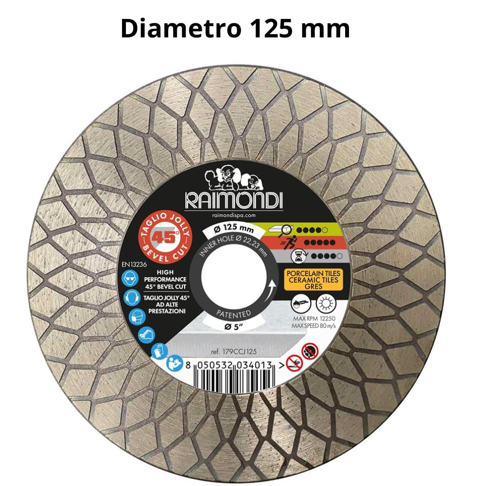 RAIMONDI Disco Diamantato Diametro 125 MM Taglio Jolly 45° F22,2 MM Smussatura Marmo Gres Porcellanato Vetro Granito