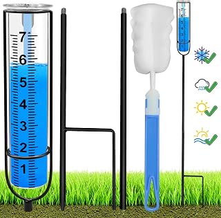 Rain Gauge for Outdoor, Freeze Proof Rain Guage Water Gauge for Rain Measure Gauge, Adjustable Height Glass Rain Gauge with Stake and Cleaning Brush, Plastic Rain Gauge for Yard Garden Lawn Decoration