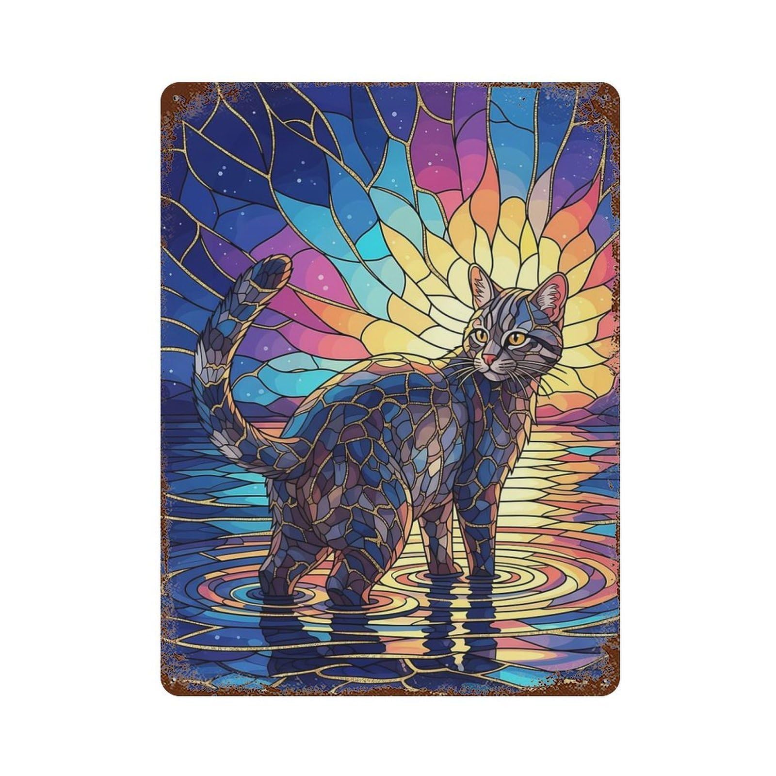 Stained Glass Cat in Water Vintage Wall Sign 15.7"x11.8", Rust Effect Metal Decor for Living Room, Hallway And Home Decor