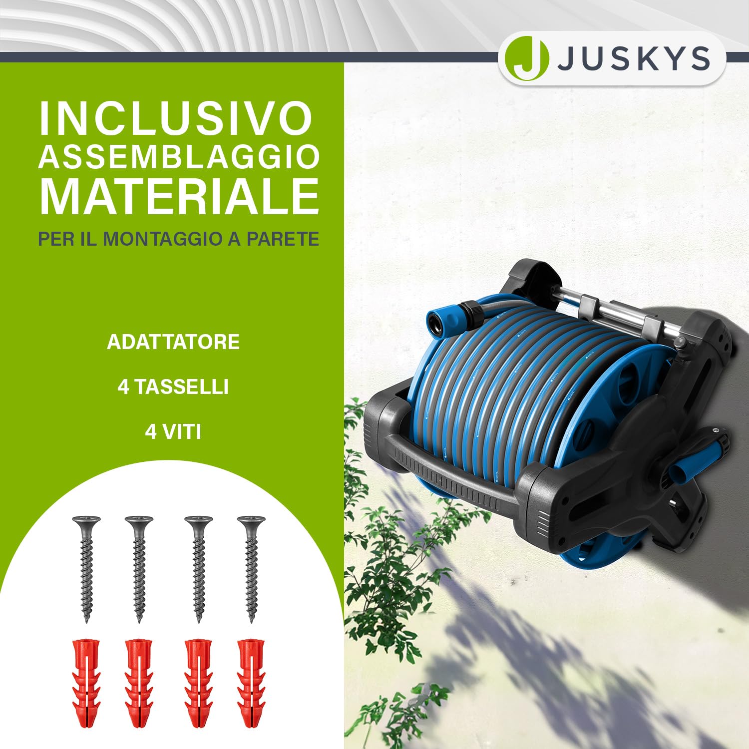 Carrello per tubo Juskys con tubo da 30 m e doccetta multifunzione - Avvolgitubo mobile con supporto da parete, ugello — Blu Grigio scuro