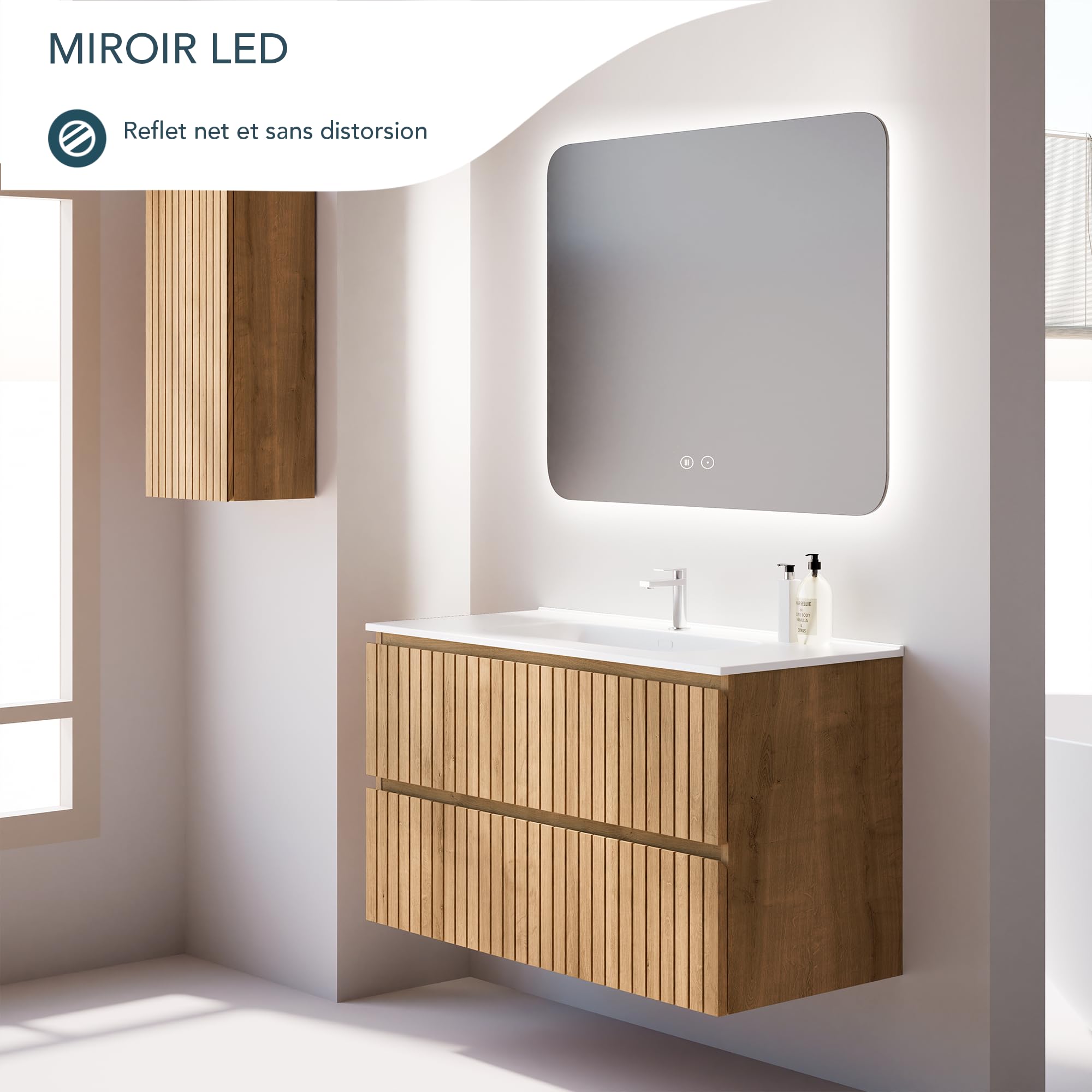 Miroir de Salle de Bain carré 80x80 avec lumière LED réglable, Fonction antibuée, Interrupteur Tactile, Verre trempé pour Salle de Bain Moderne, Usage Quotidien et Finition élégante