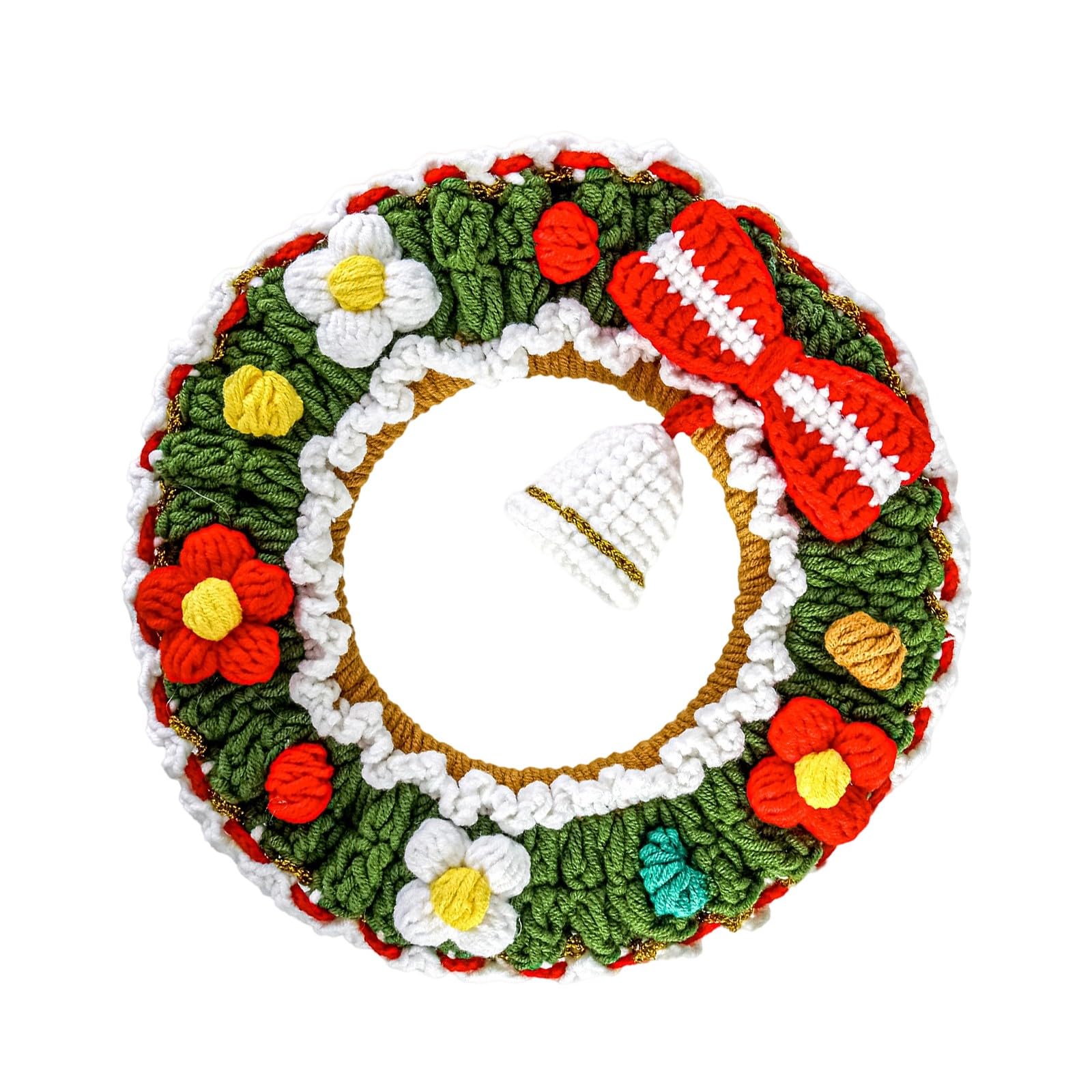 Knitted Yarn Wreath Decoration with Red Bowknot and Golden Bells for Window Mantels Christmas Tree Festival Display Christmas Door Hanging