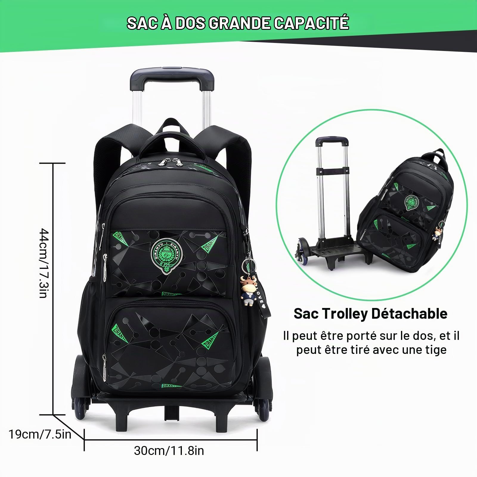 Amythe Sac à Dos à Roulette pour Garçons Cartable Primaire avec Chariot pour l'école ou les Voyages D'agrément, Sac D'école Garçon 6 à 12 ans, Noir