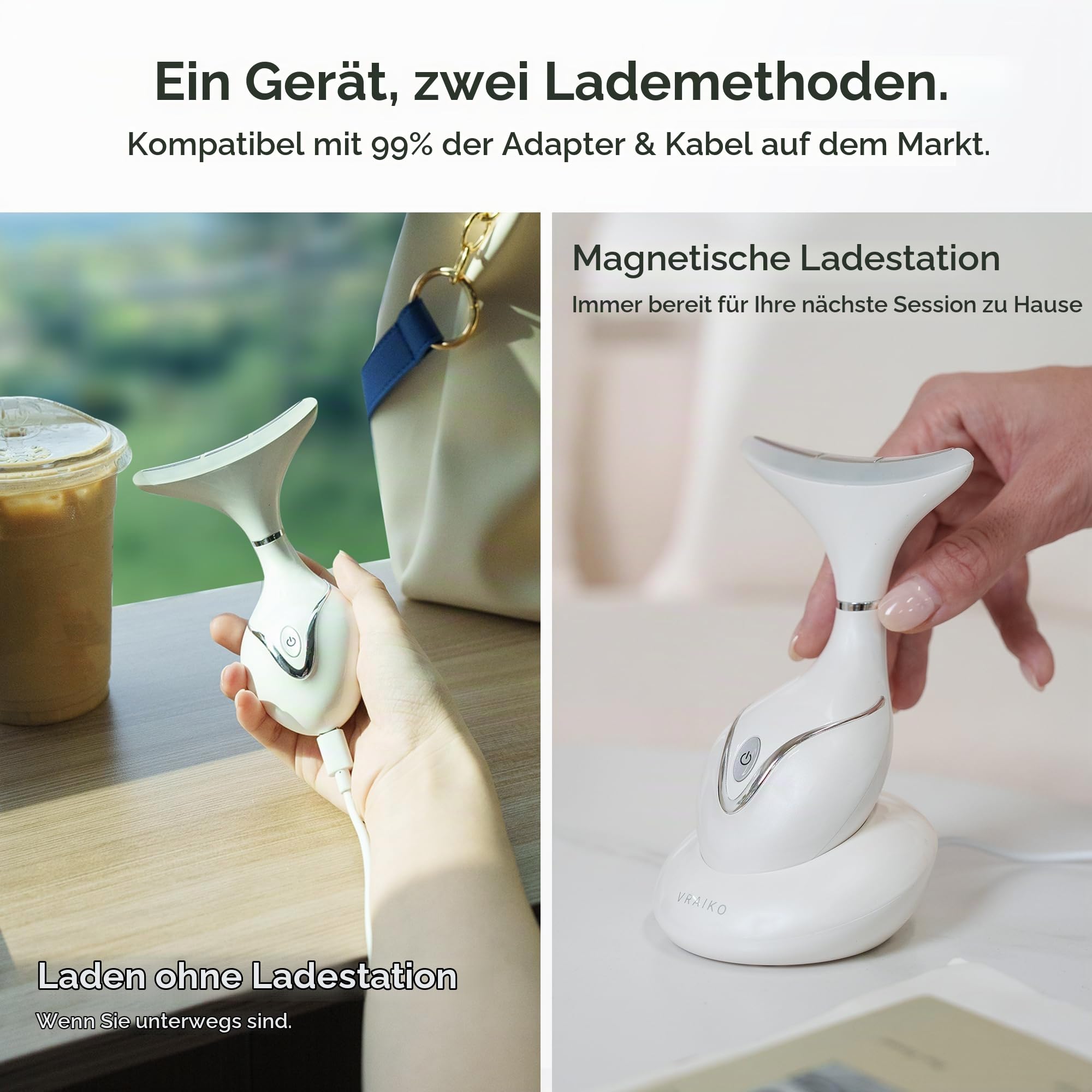 VRAIKO Iris Hals- und Gesichts-Massager, Gesichts-Sculpting-Werkzeug mit Ladestation, Mikrostrom-Massage für Lifting, Triple-Action LEDs & Wärme für bessere Absorption (Perle)