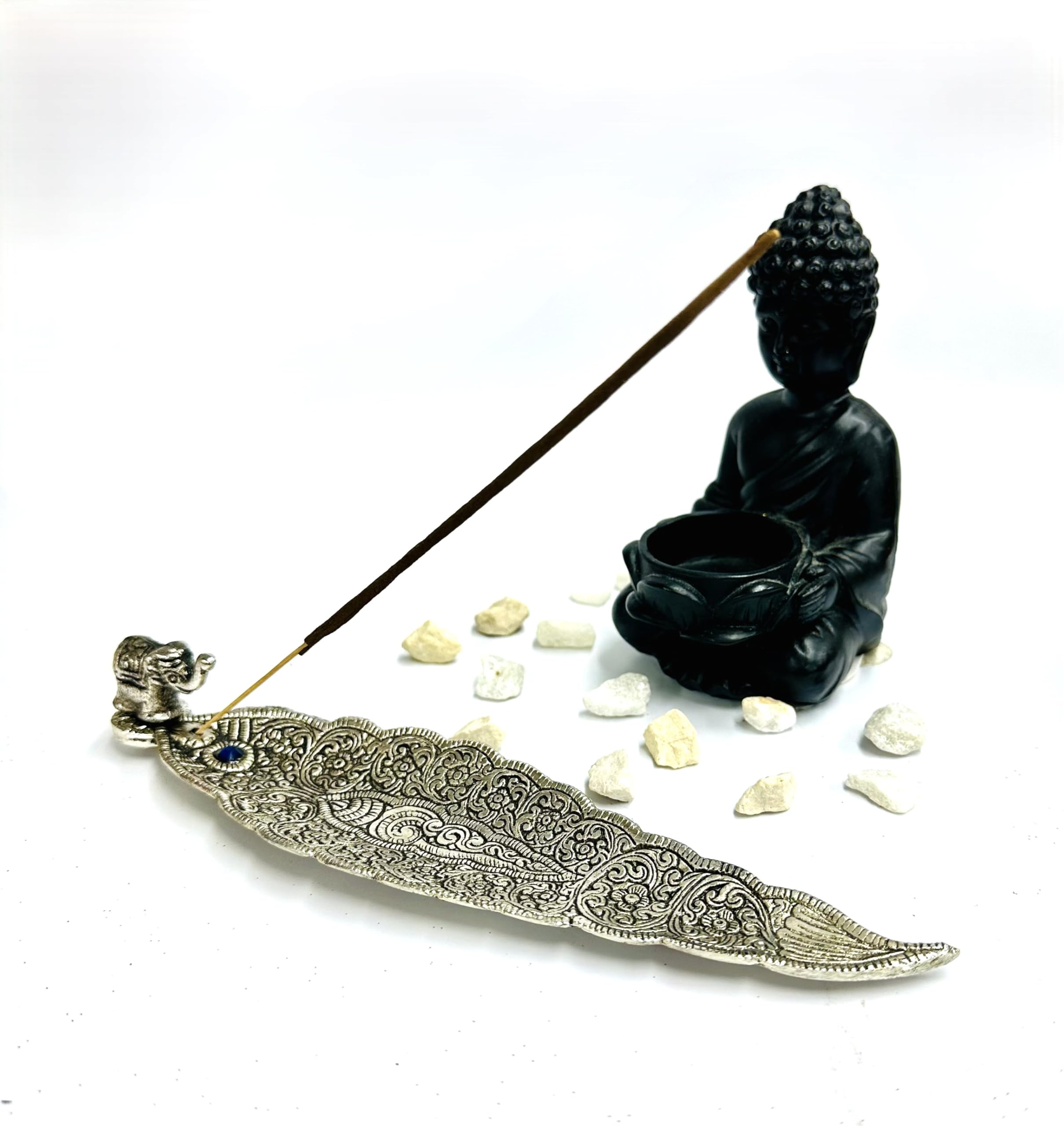 Fenny's Creations Silver Premium Carving Metal Incense Ash Catcher Elephant Incense Sticks Holder With Colour Stone
