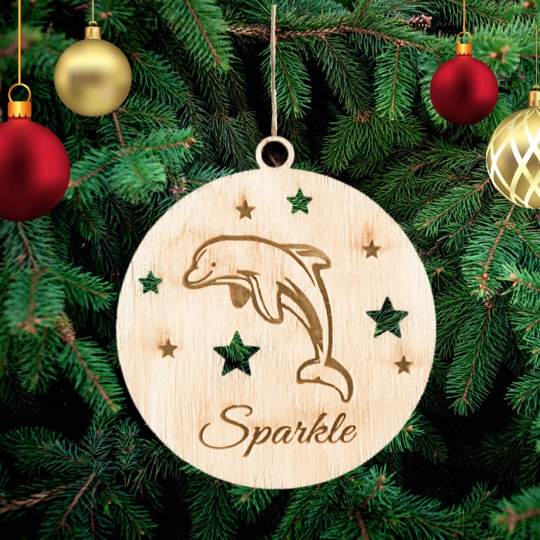 Decoración personalizada para árbol de Navidad de delfín, adorno de árbol de madera, grabado con nombre de mascota, tarjeta de regalo para familiares y amigos