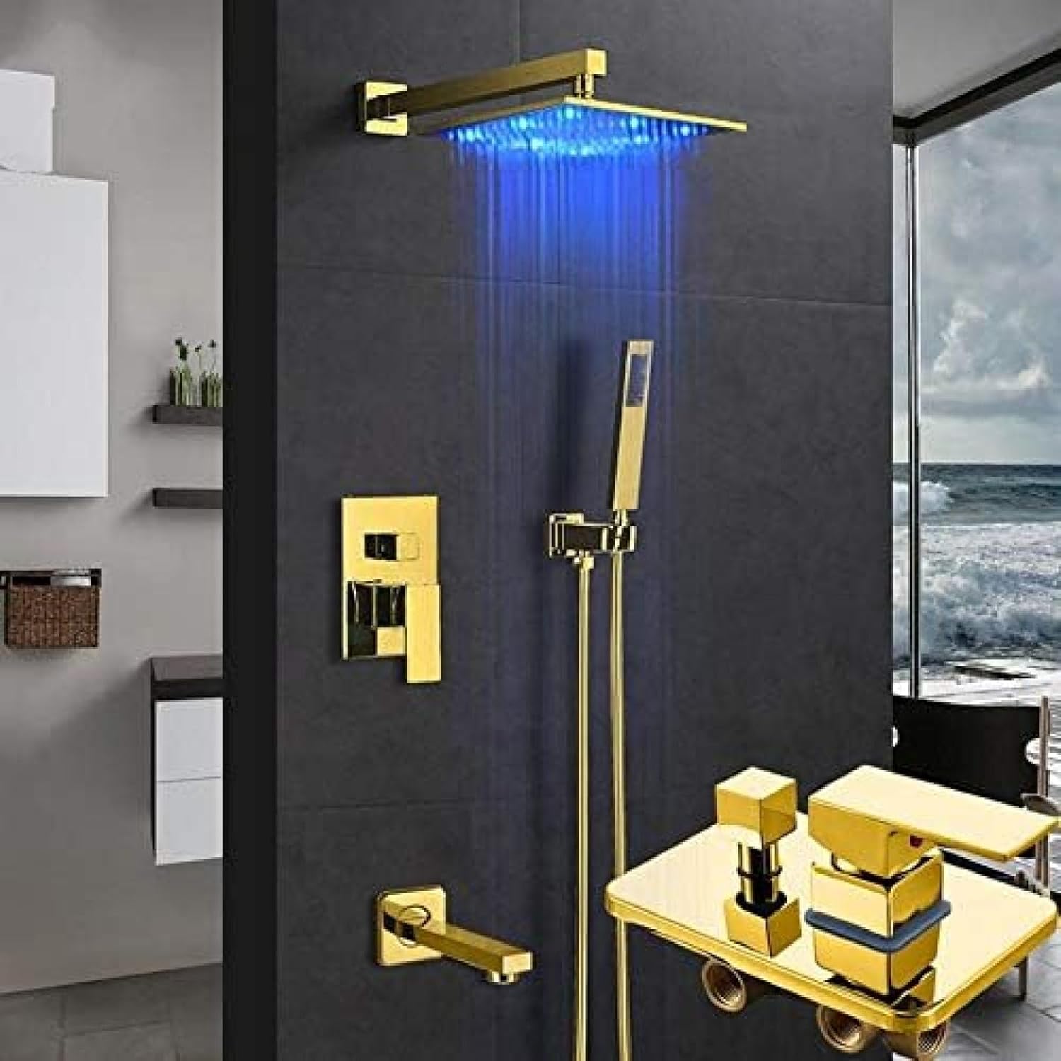 Shower Kits, Gold LED Concealed Shower Faucets Set Rainfall LED Shower Head 3-Way Brass Mixer Tap Tub Spout Bathroom Shower Faucet-12 in Full Set,8 in Full Set (10 in Full Set)
