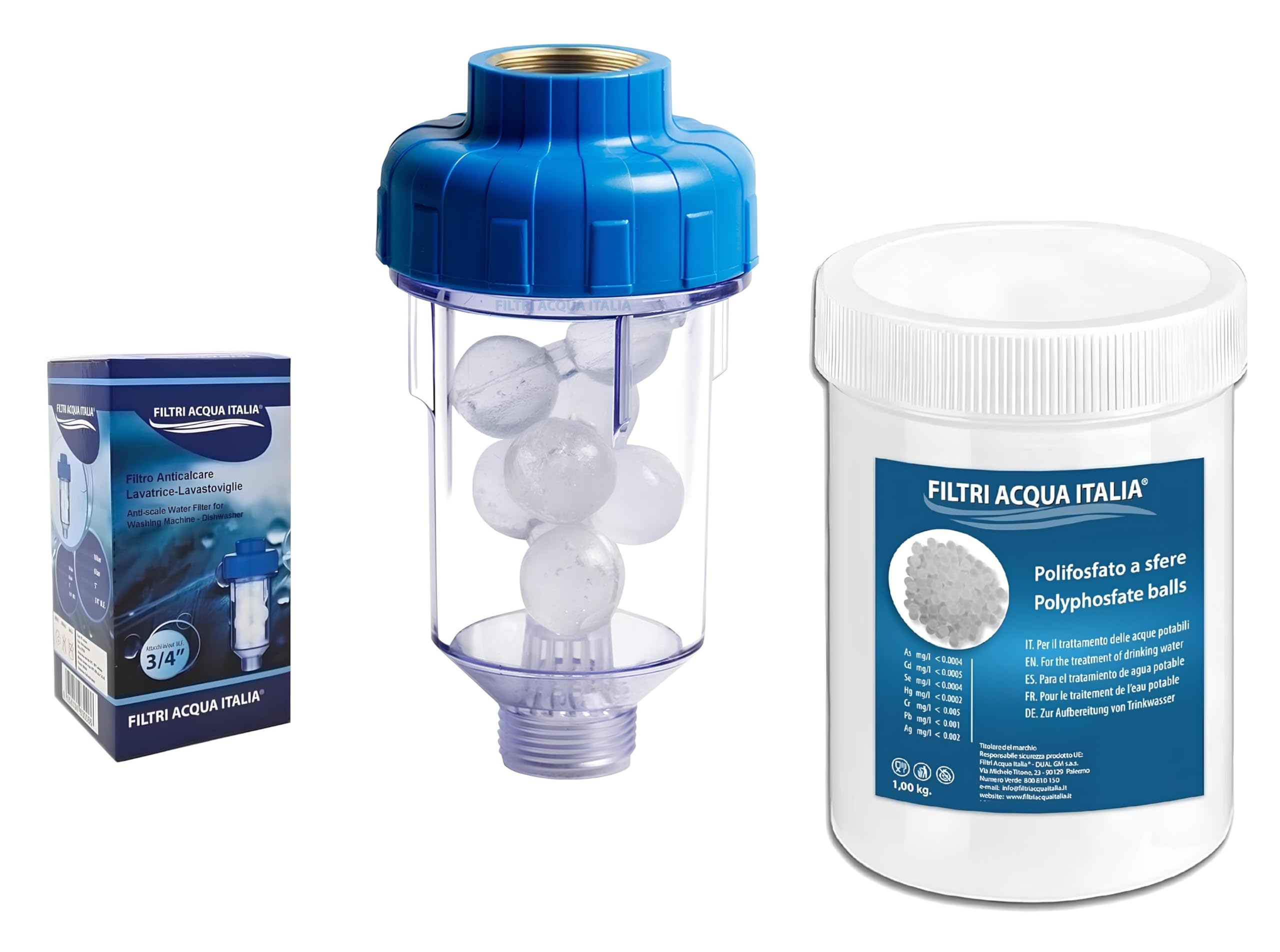 Filtro Anticalcare Lavatrice Lavastoviglie con Ricarica Polifosfati da 1,00 KG. Filtri Acqua Italia®