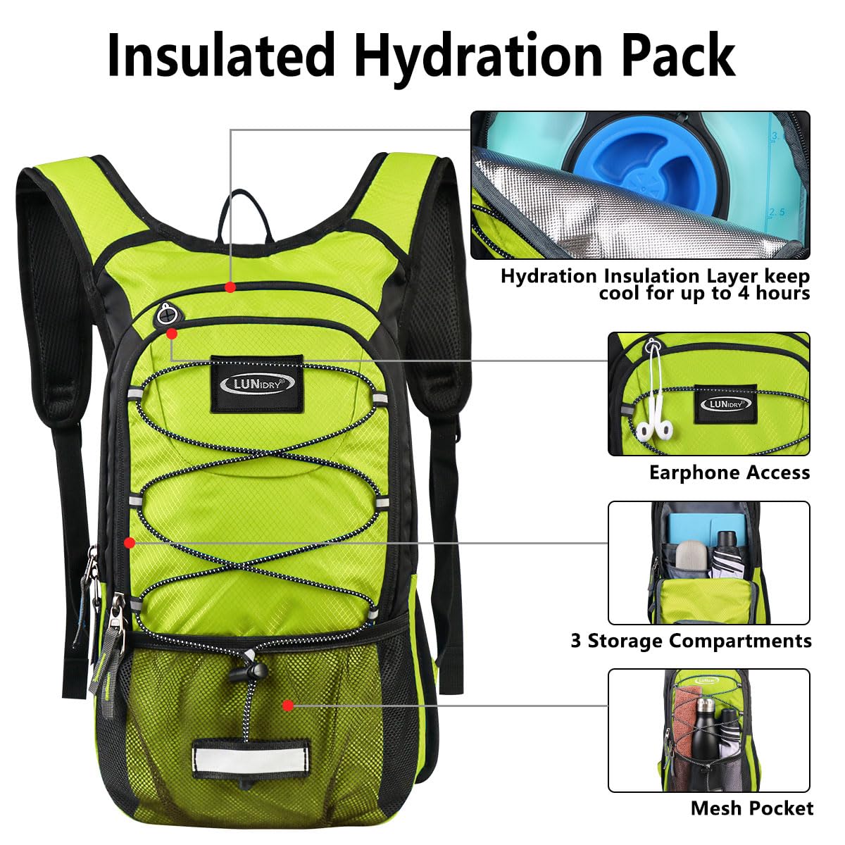 Zaino per idratazione, 3 l, senza BPA, a prova di perdite, per mantenere i liquidi freschi fino a 5 ore, zaino per escursionismo, corsa, ciclismo, caccia, arrampicata